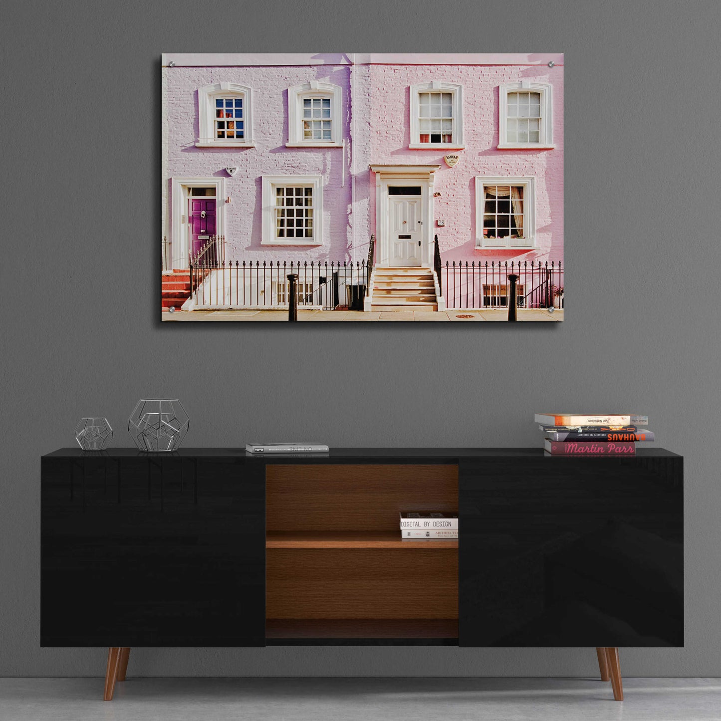 Epic Art 'London Pink Purple Houses' by Keri Bevan, Acrylic Glass Wall Art,36x24