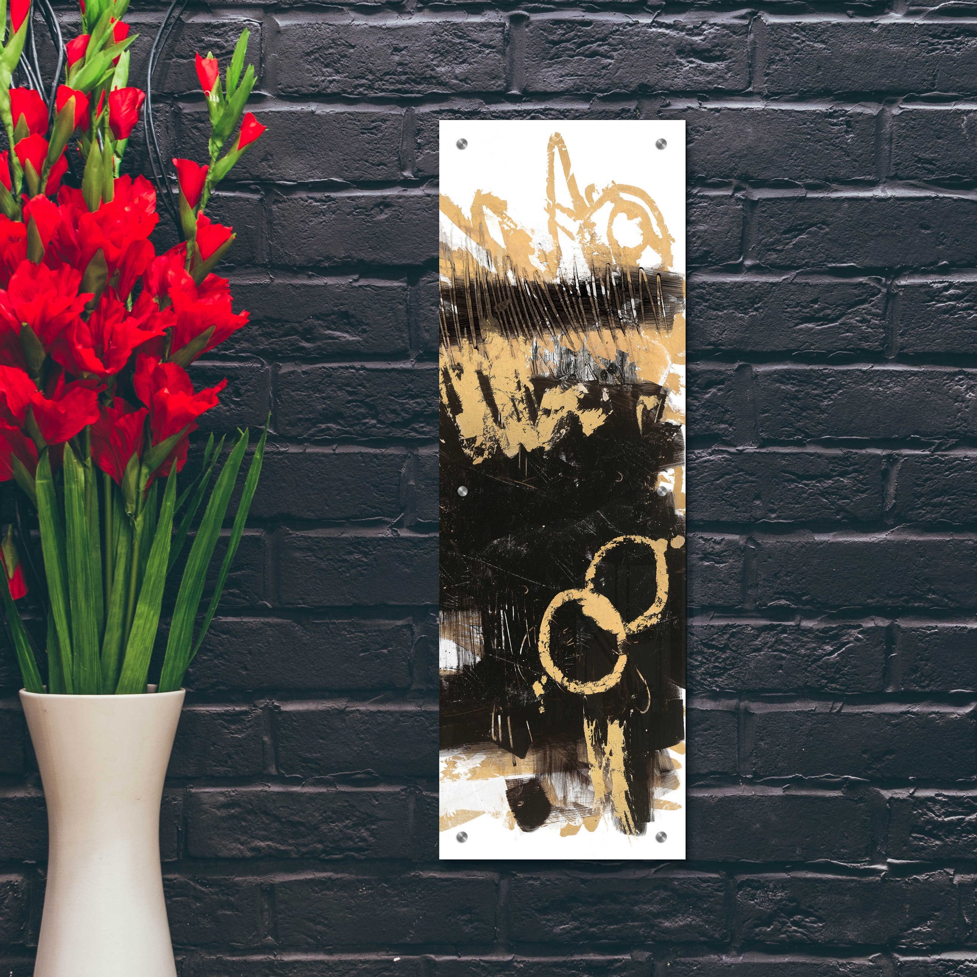 Epic Art 'Gold And Black Abstract Panel II' by Mike Schick, Acrylic Glass Wall Art,12x36