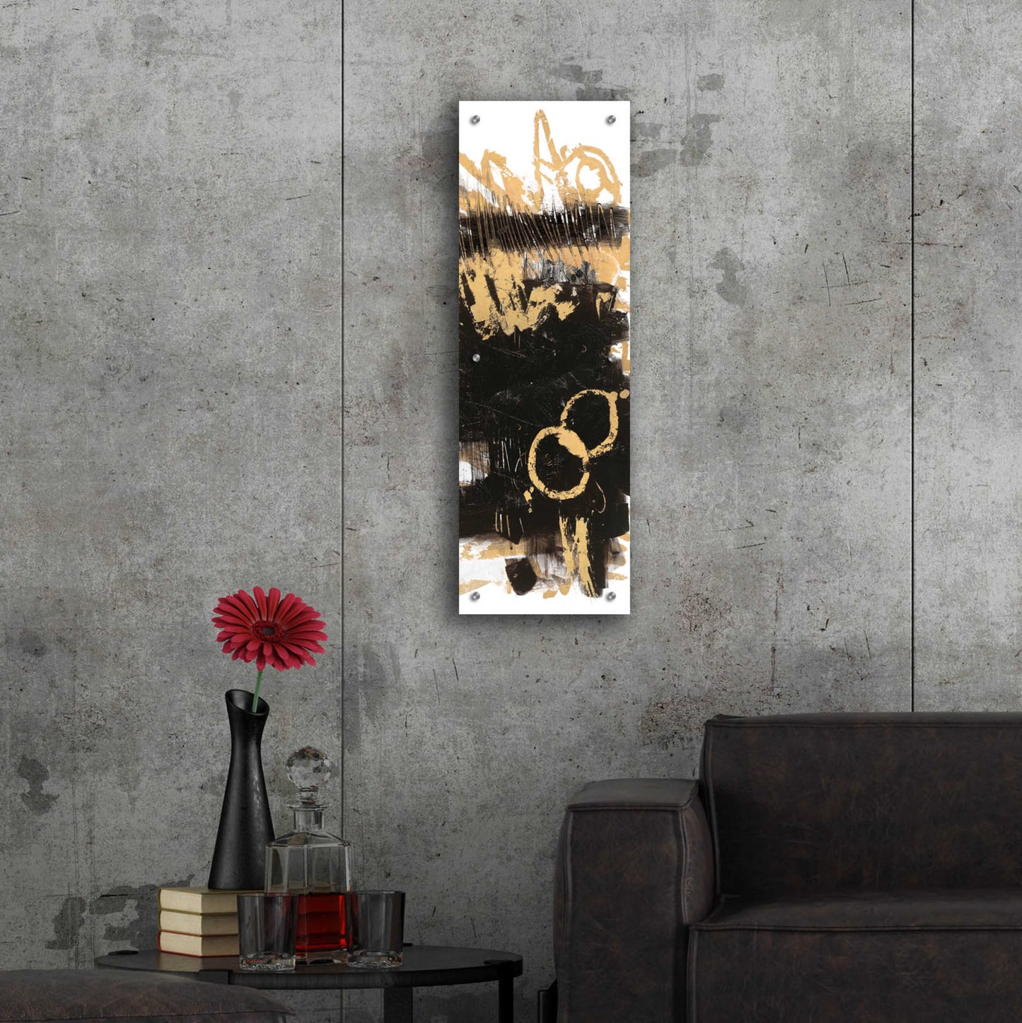 Epic Art 'Gold And Black Abstract Panel II' by Mike Schick, Acrylic Glass Wall Art,12x36