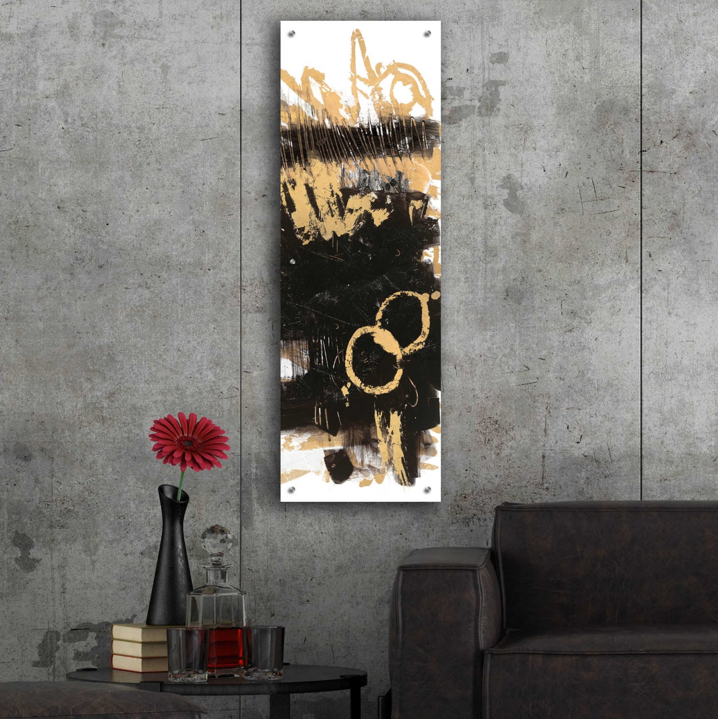 Epic Art 'Gold And Black Abstract Panel II' by Mike Schick, Acrylic Glass Wall Art,16x48