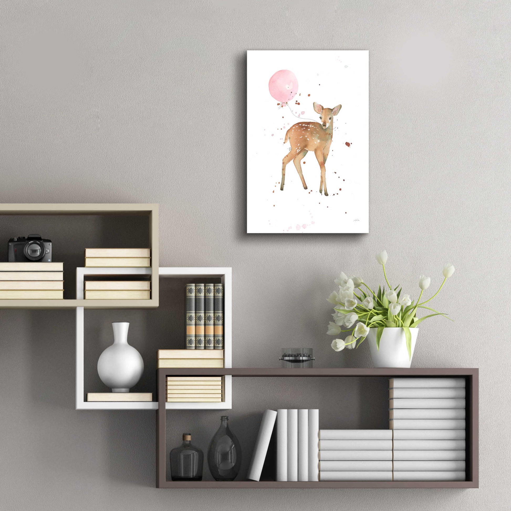 Epic Art 'Festive Fawn Pink Balloon' by Katrina Pete, Acrylic Glass Wall Art,16x24