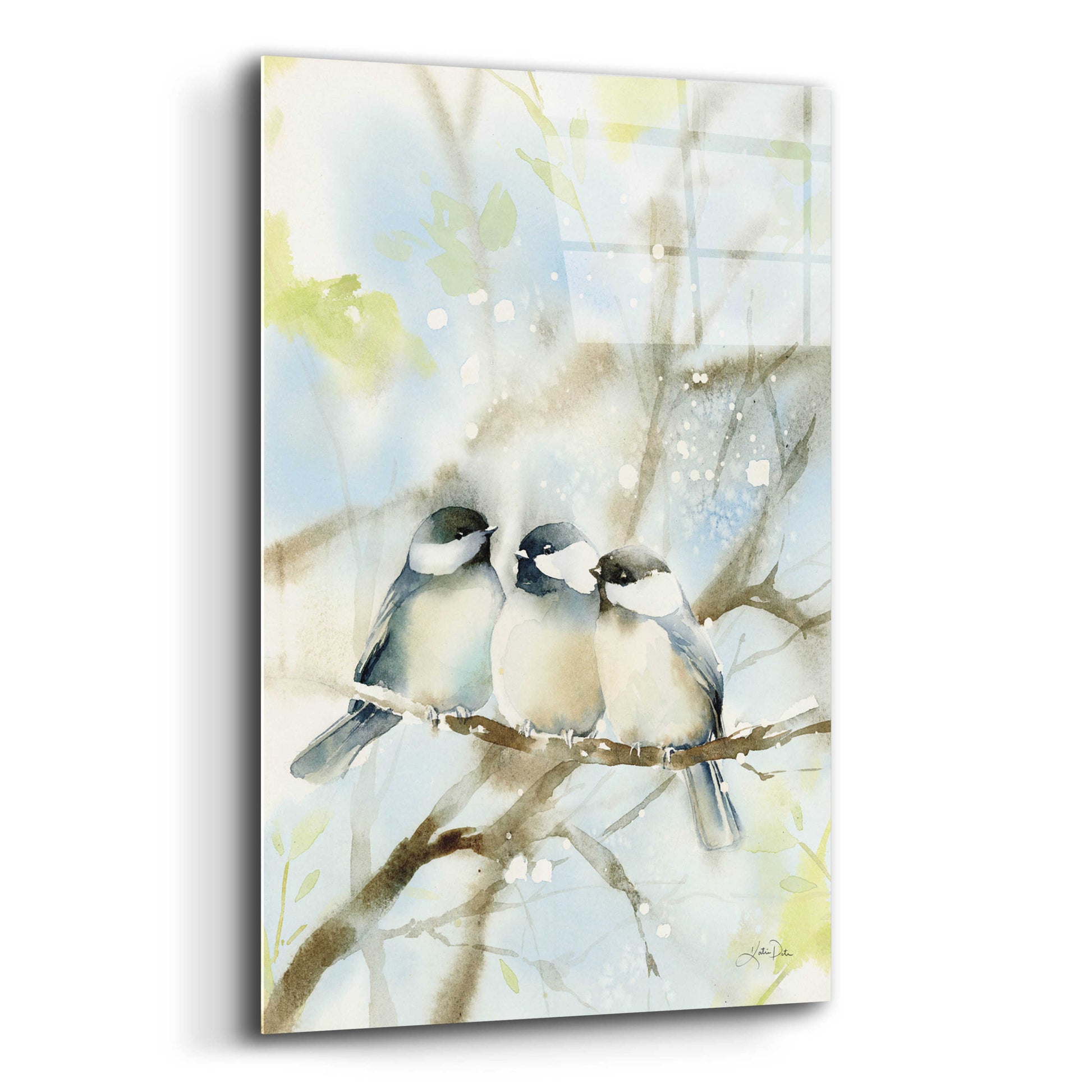 Epic Art 'Three Chickadees in Spring' by Katrina Pete, Acrylic Glass Wall Art,12x16