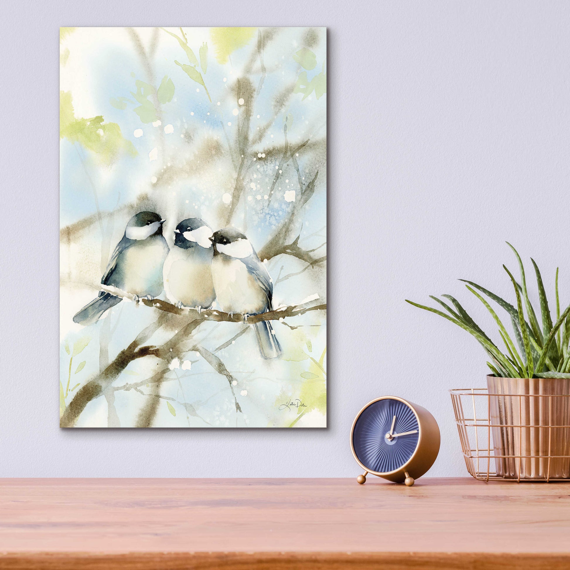 Epic Art 'Three Chickadees in Spring' by Katrina Pete, Acrylic Glass Wall Art,12x16