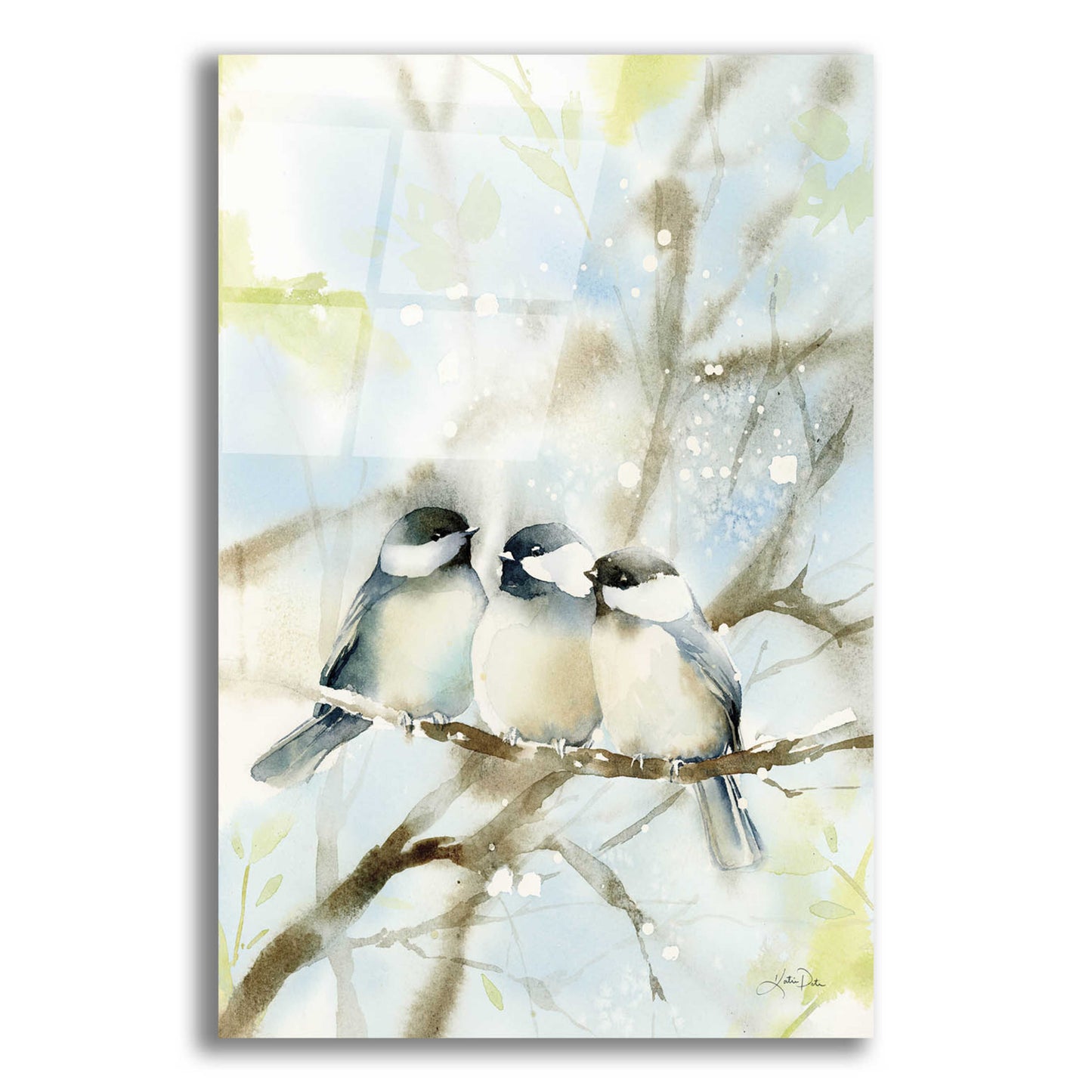 Epic Art 'Three Chickadees in Spring' by Katrina Pete, Acrylic Glass Wall Art,12x16