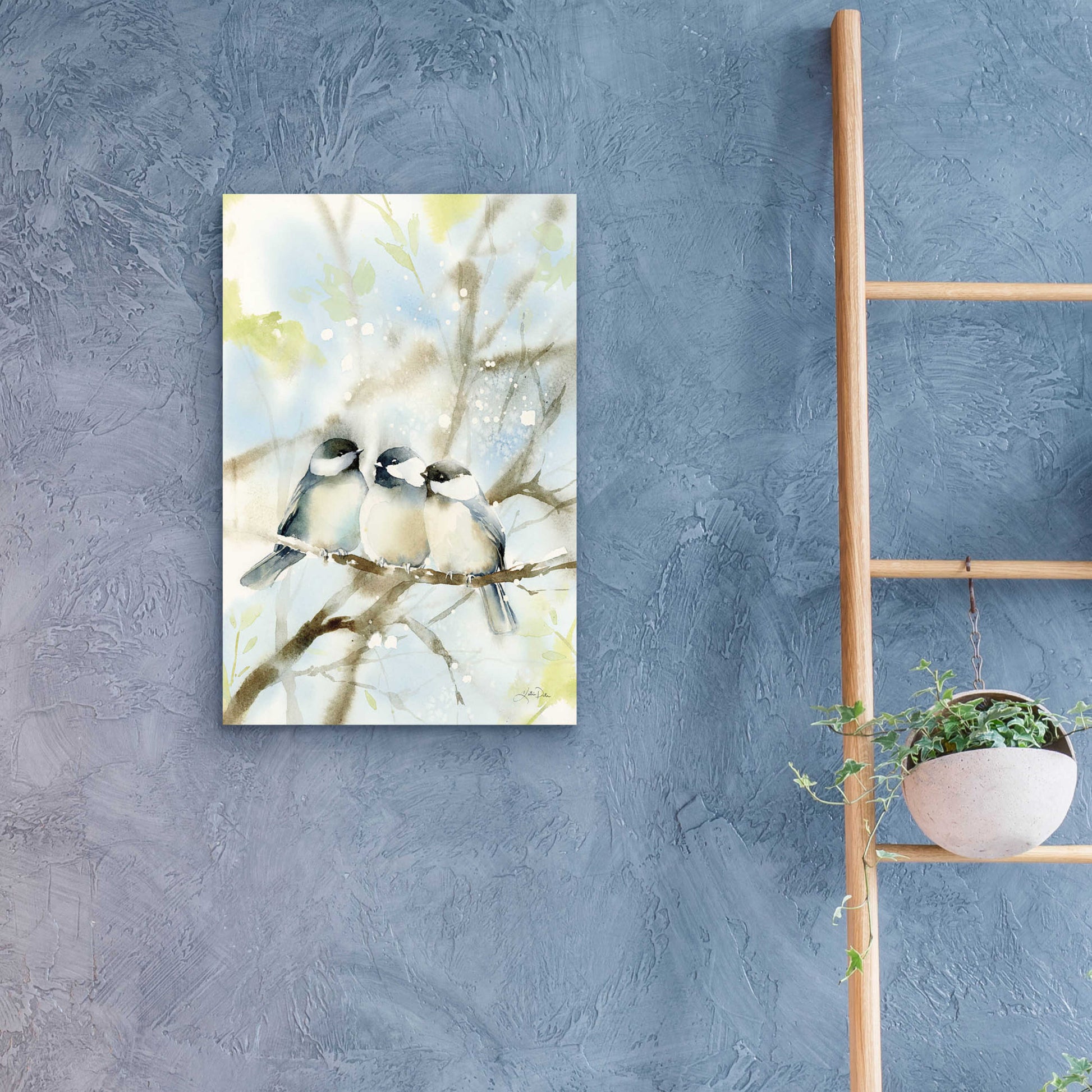 Epic Art 'Three Chickadees in Spring' by Katrina Pete, Acrylic Glass Wall Art,16x24