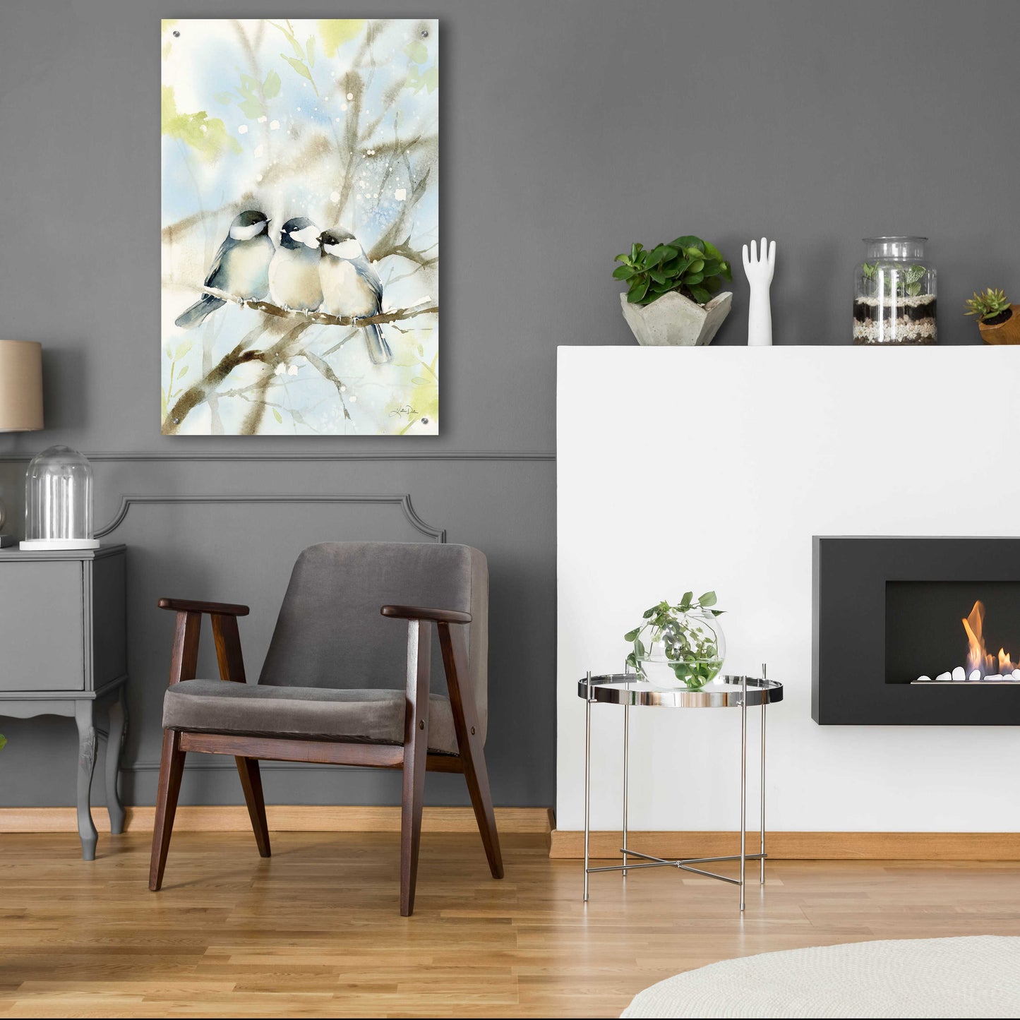 Epic Art 'Three Chickadees in Spring' by Katrina Pete, Acrylic Glass Wall Art,24x36