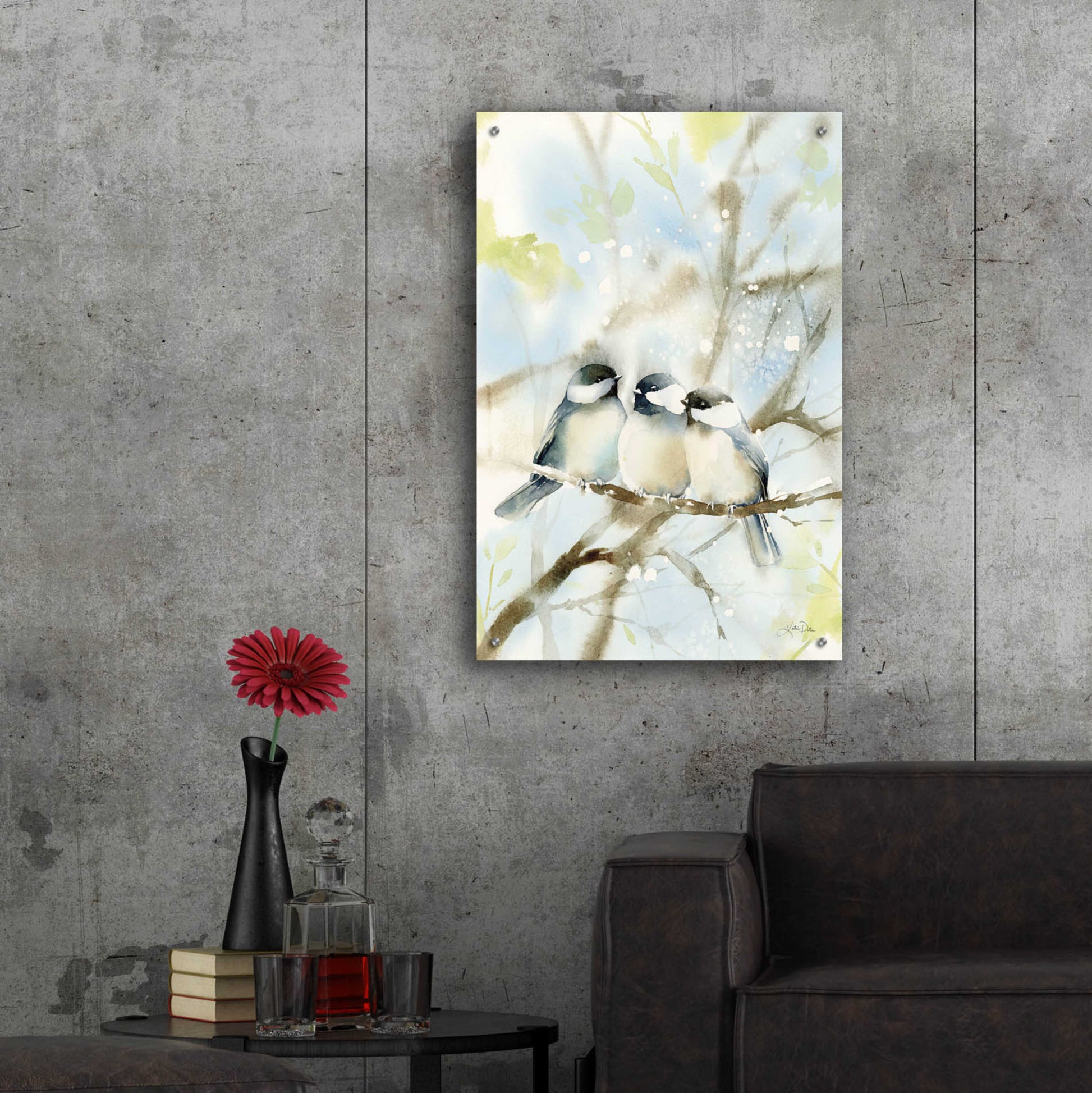 Epic Art 'Three Chickadees in Spring' by Katrina Pete, Acrylic Glass Wall Art,24x36