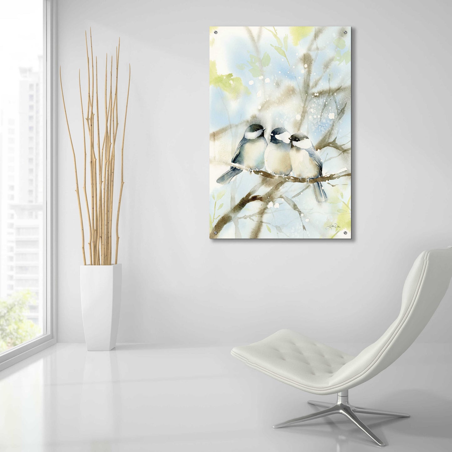 Epic Art 'Three Chickadees in Spring' by Katrina Pete, Acrylic Glass Wall Art,24x36