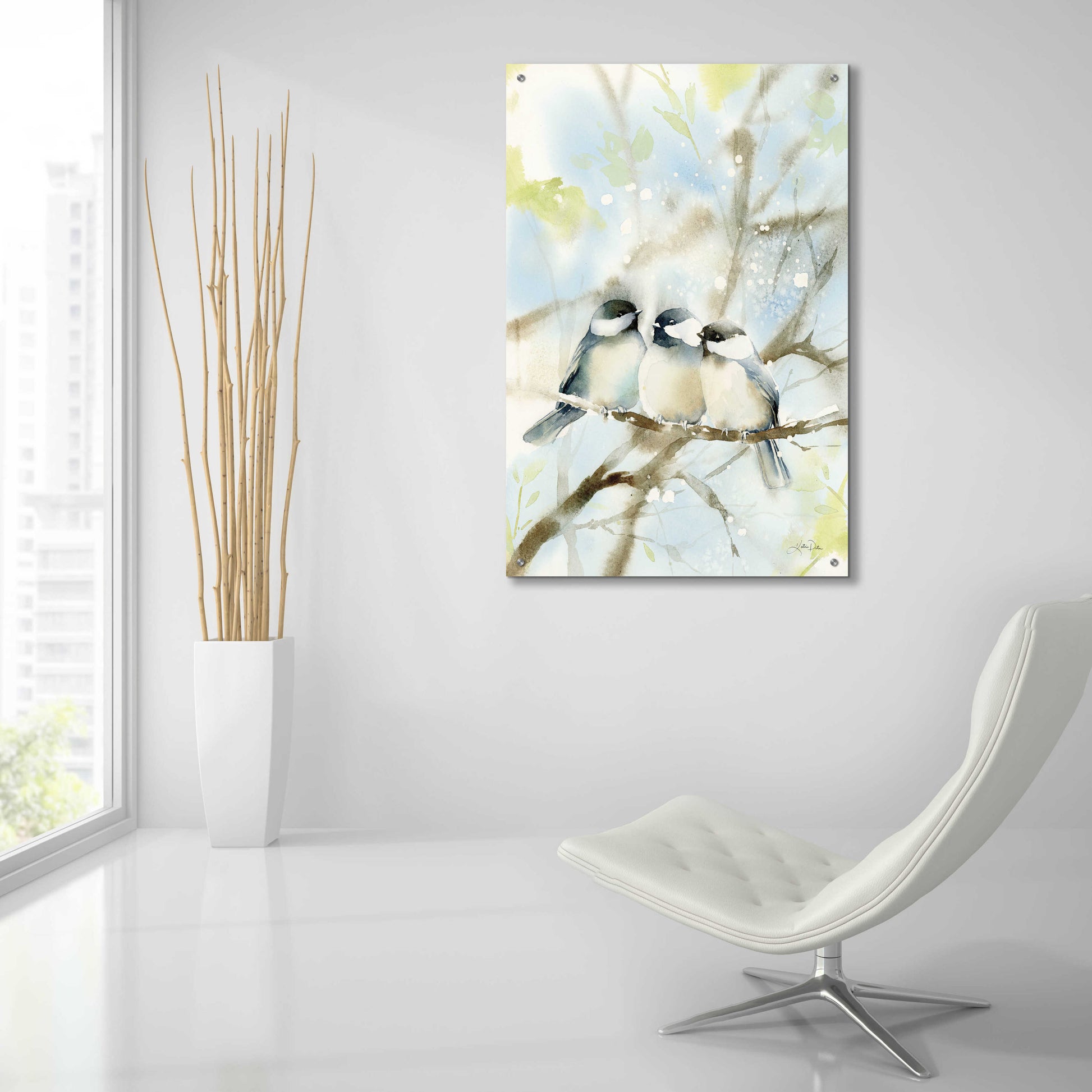 Epic Art 'Three Chickadees in Spring' by Katrina Pete, Acrylic Glass Wall Art,24x36