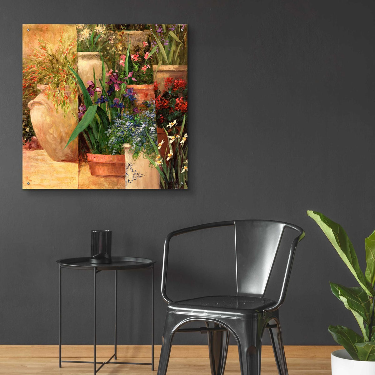 Flower Pots Left by Art Fronckowiak - 36x36 acrylic wall art in a room