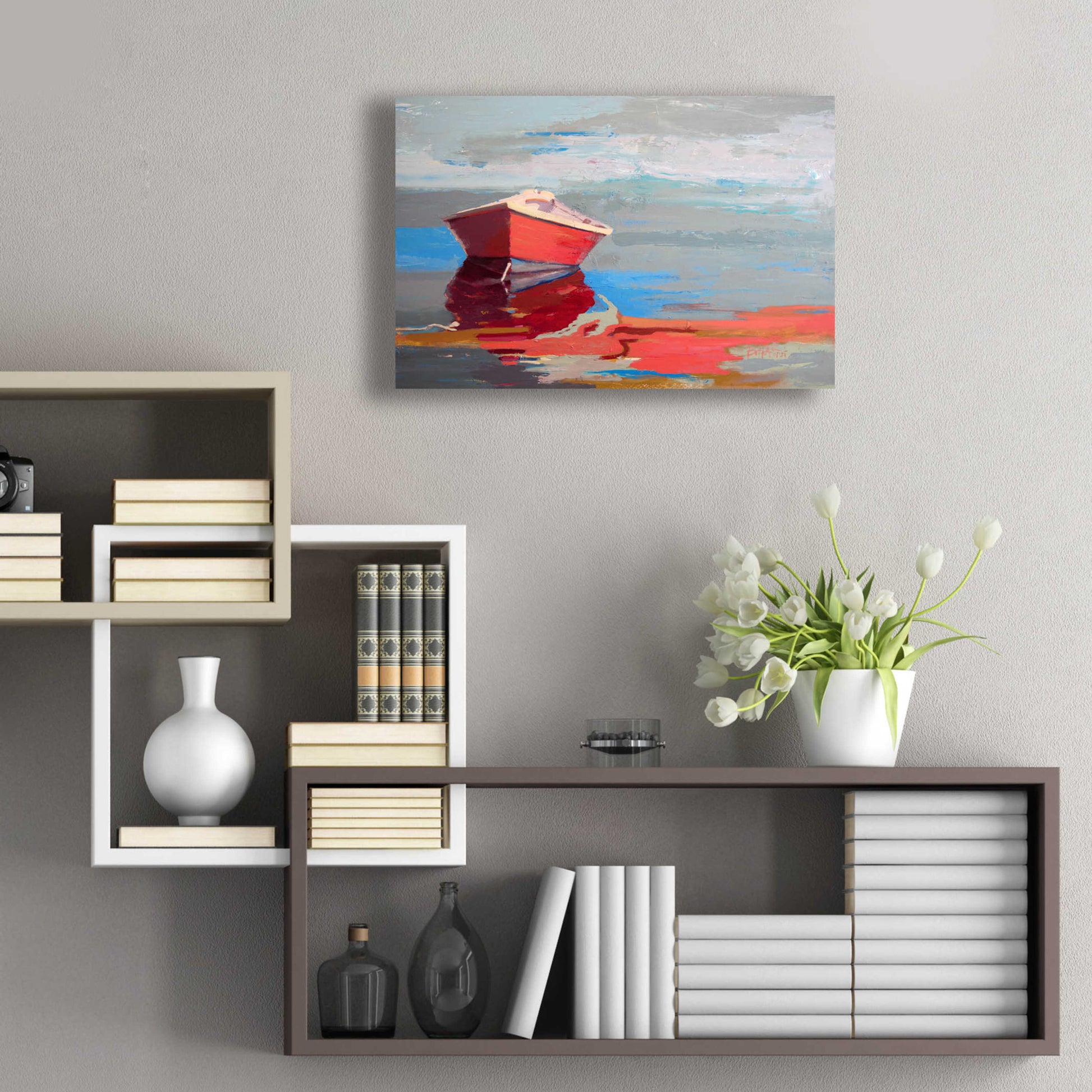 Epic Art 'Red Boat Rhythm' by Beth Forst, Acrylic Glass Wall Art,24x16