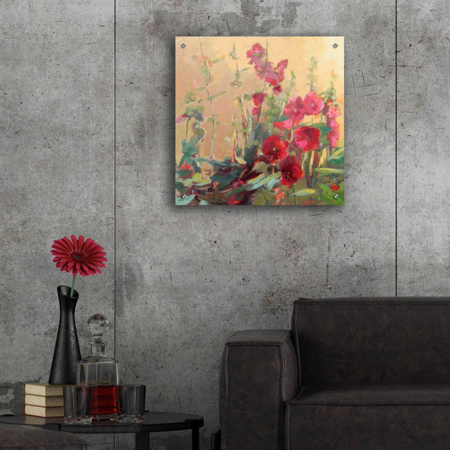 Epic Art 'Red Haven Hollyhocks' by Beth Forst, Acrylic Glass Wall Art,24x24