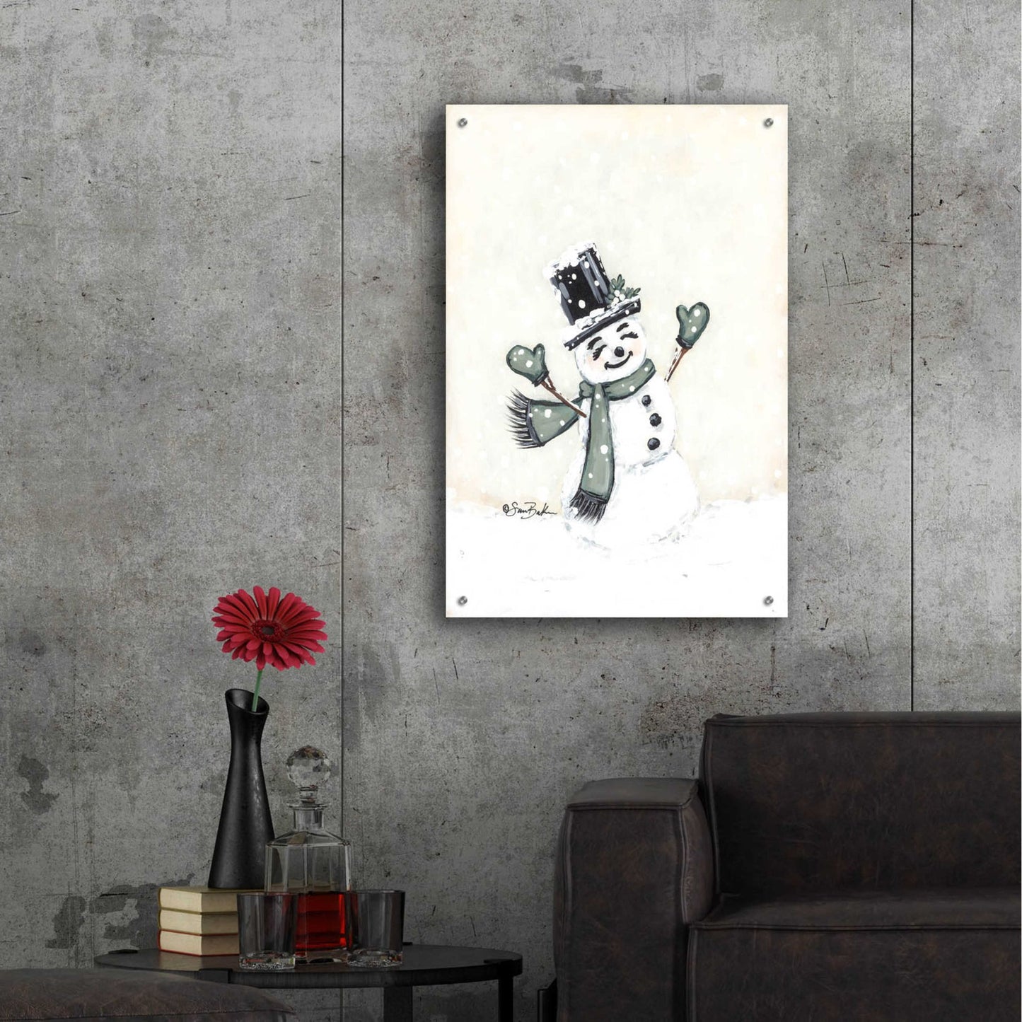 Epic Art 'Jolly Green Snowman' by Sara Baker, Acrylic Glass Wall Art,24x36