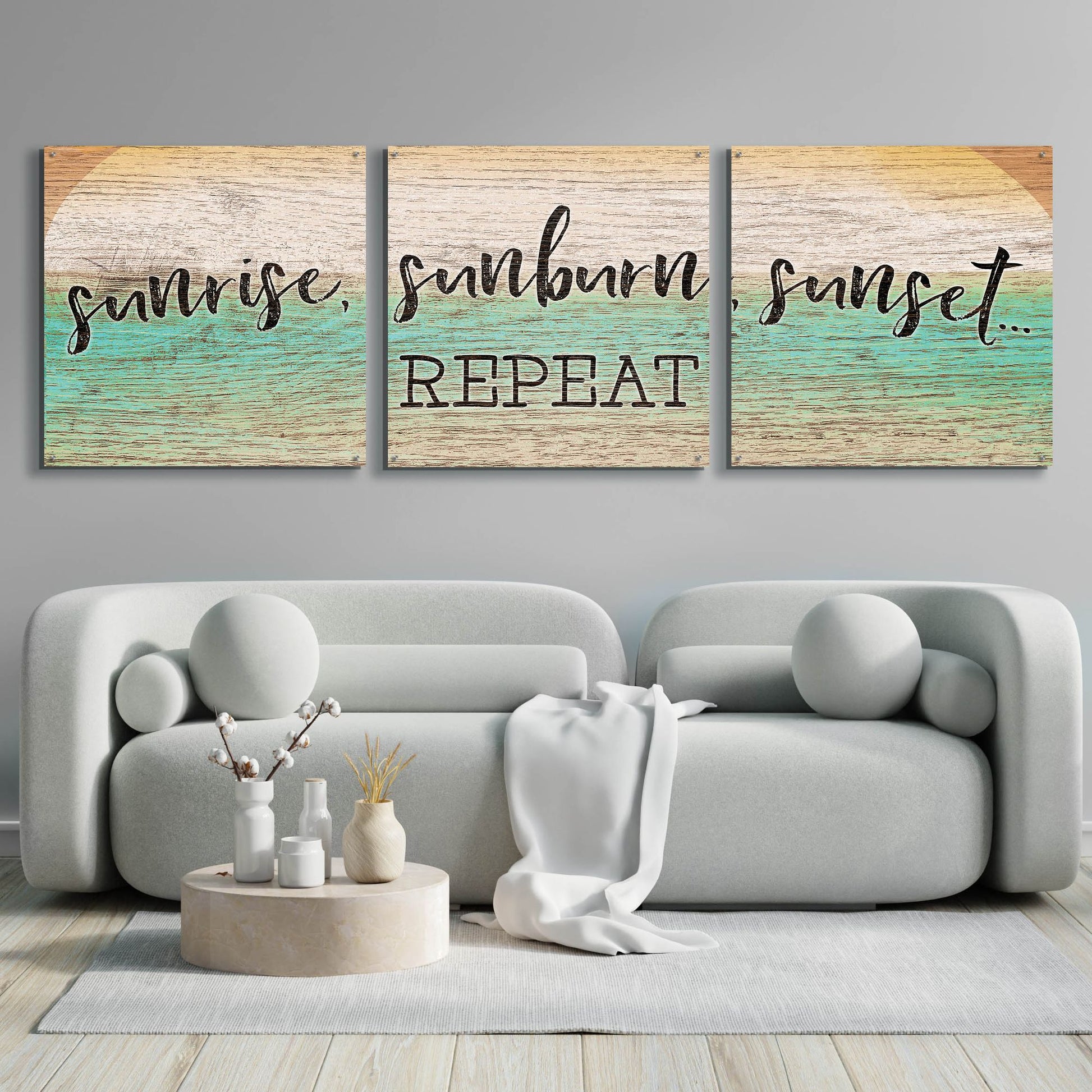 Epic Art 'Sunrise, Sunburn, Sunset, Repeat' by Cloverfield & Co, Acrylic Glass Wall Art, 3 Piece Set,108x36