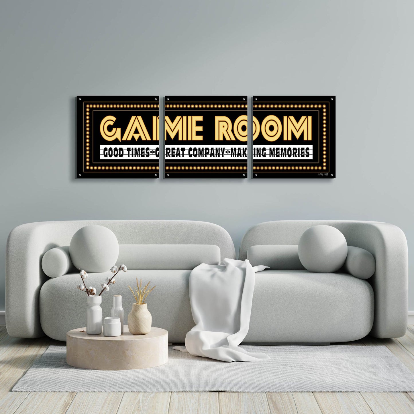 Epic Art 'Game Room Sign' by Cindy Jacobs, Acrylic Glass Wall Art, 3 Piece Set,72x24