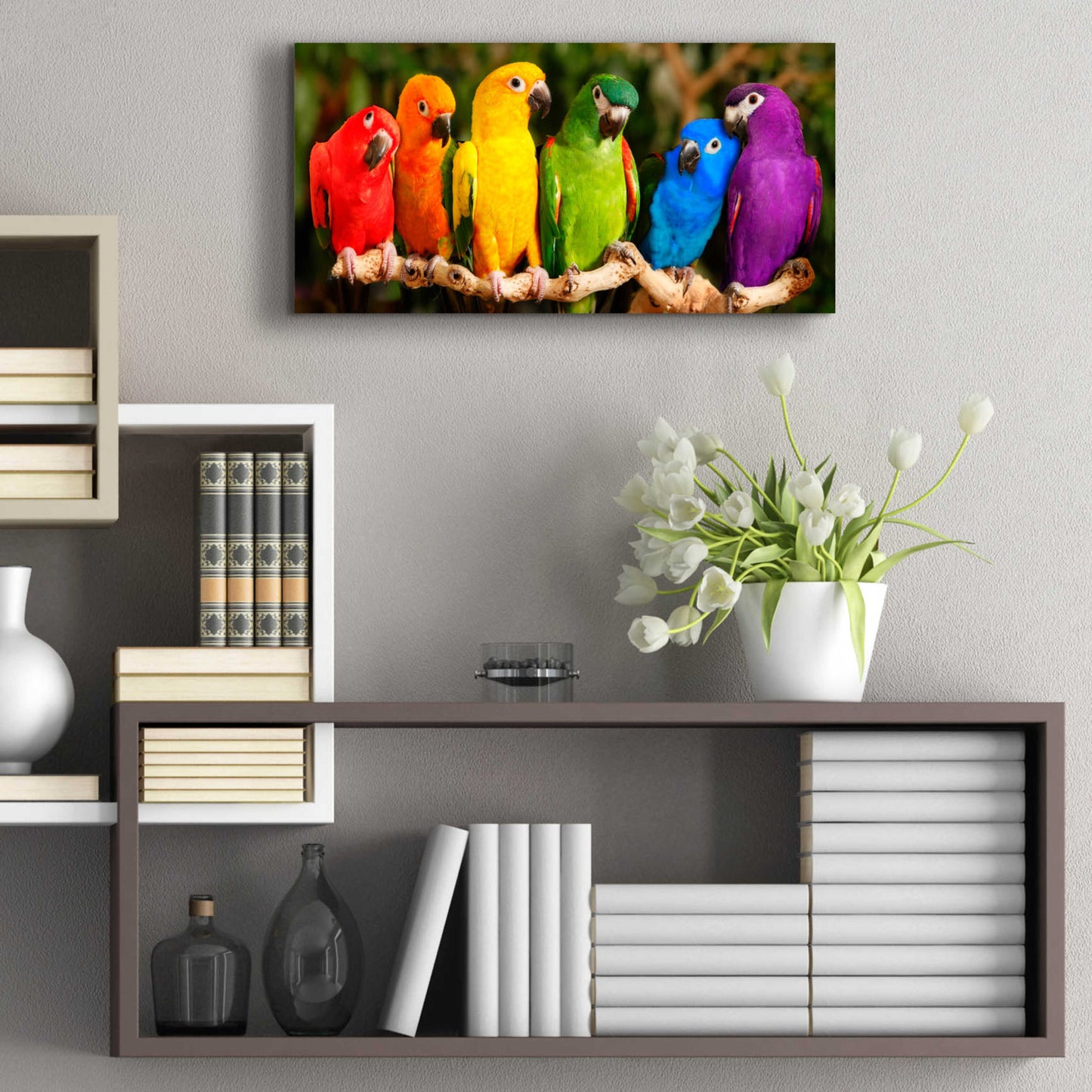 Epic Art 'Rainbow Parrots' by Mike Jones, Acrylic Glass Wall Art,24x12