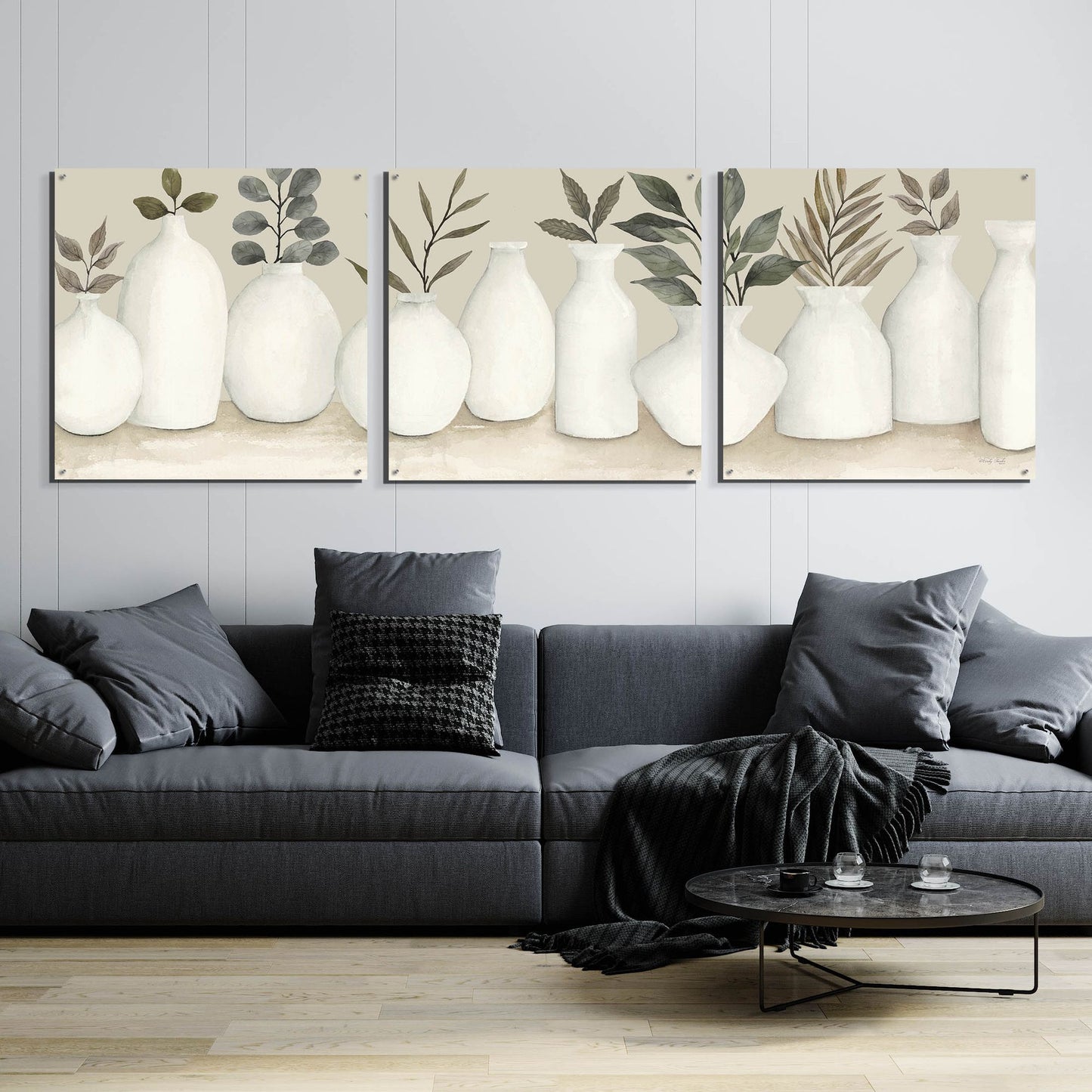 Epic Art 'Ivory Vases in a Row' by Cindy Jacobs, Acrylic Glass Wall Art, 3 Piece Set,108x36