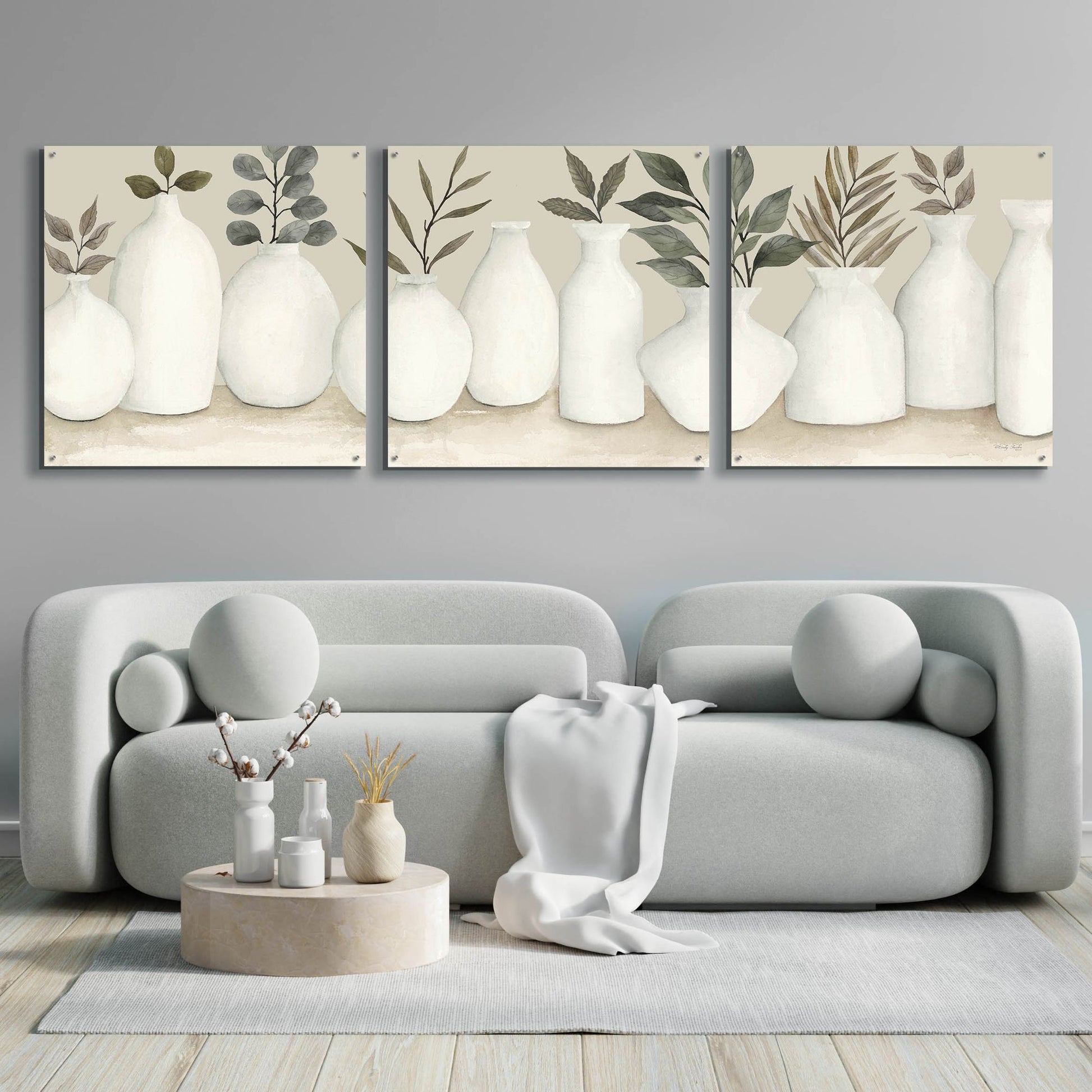 Epic Art 'Ivory Vases in a Row' by Cindy Jacobs, Acrylic Glass Wall Art, 3 Piece Set,108x36