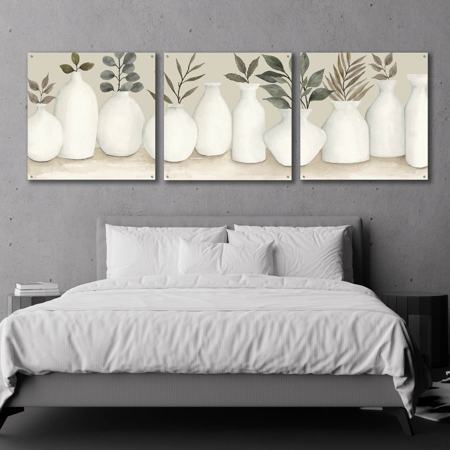 Epic Art 'Ivory Vases in a Row' by Cindy Jacobs, Acrylic Glass Wall Art, 3 Piece Set,108x36