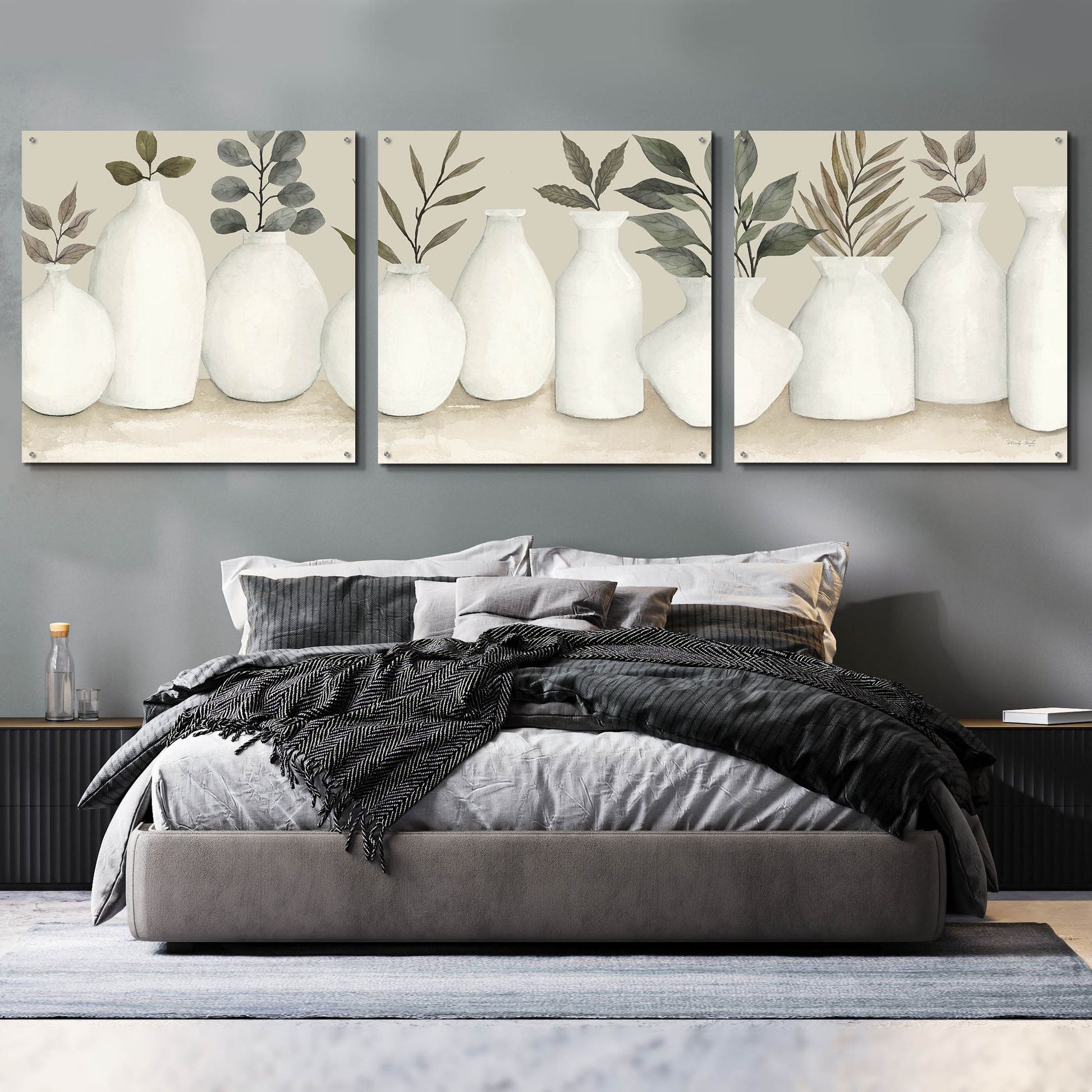Epic Art 'Ivory Vases in a Row' by Cindy Jacobs, Acrylic Glass Wall Art, 3 Piece Set,108x36