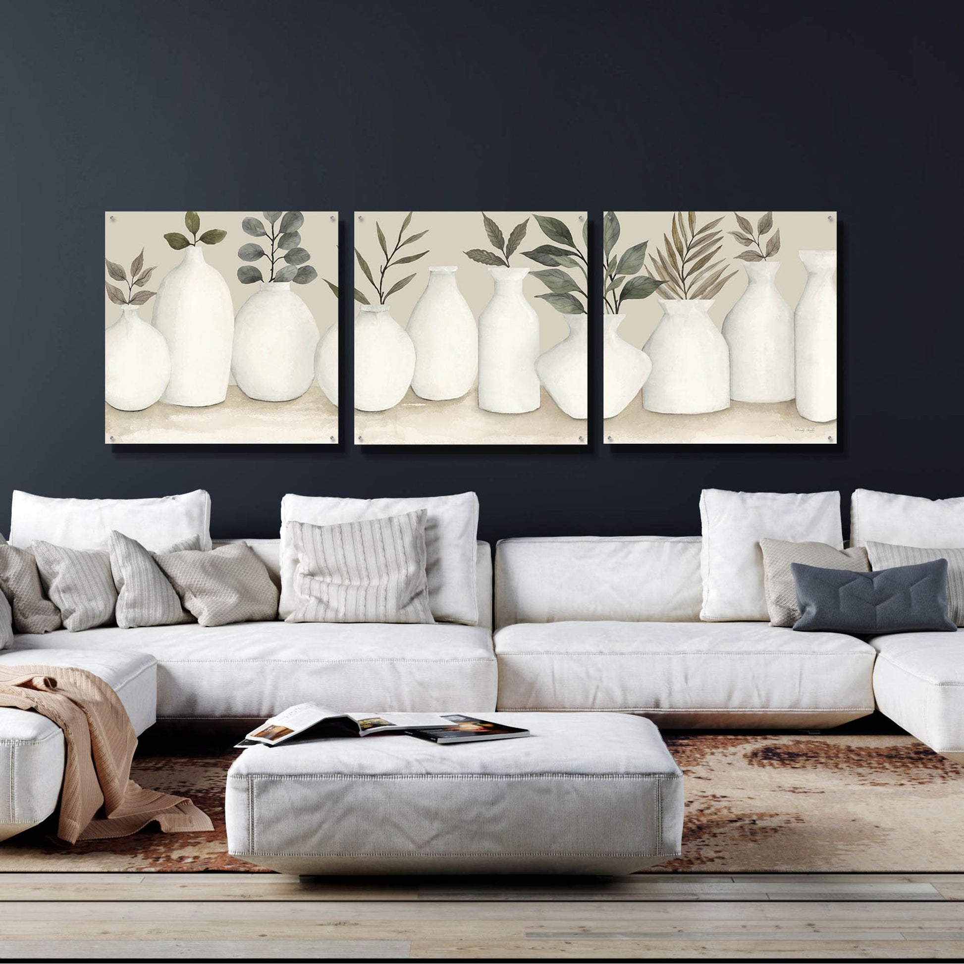 Epic Art 'Ivory Vases in a Row' by Cindy Jacobs, Acrylic Glass Wall Art, 3 Piece Set,108x36
