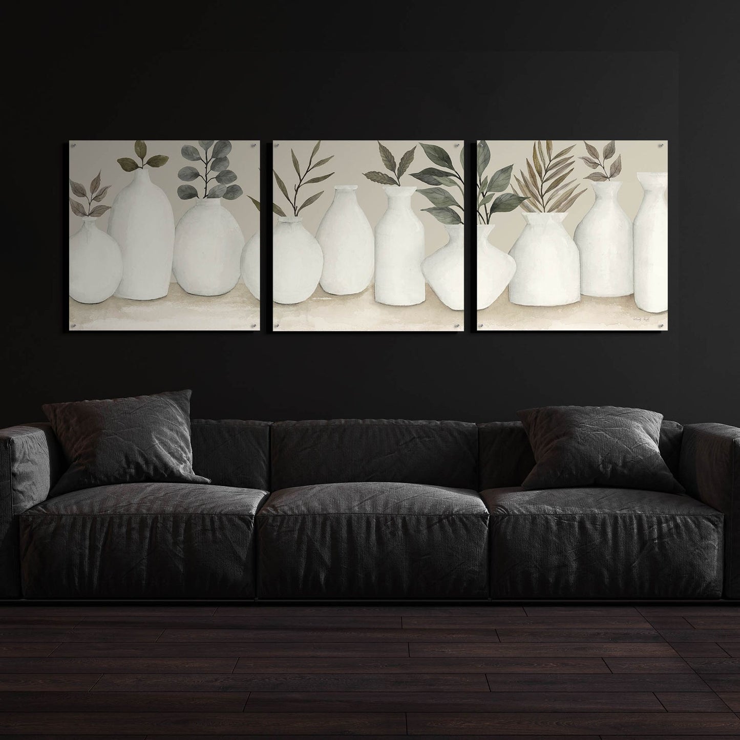 Epic Art 'Ivory Vases in a Row' by Cindy Jacobs, Acrylic Glass Wall Art, 3 Piece Set,108x36