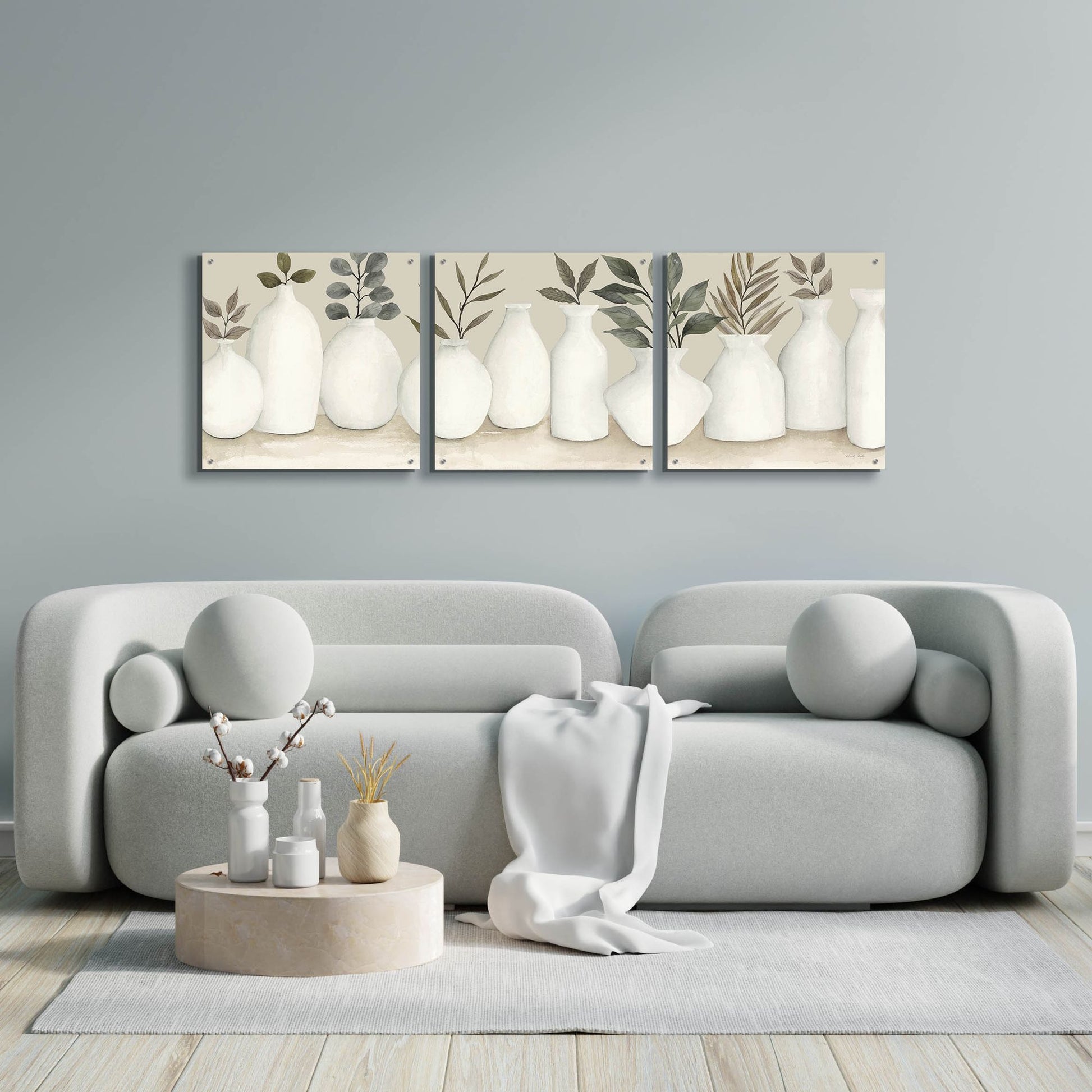 Epic Art 'Ivory Vases in a Row' by Cindy Jacobs, Acrylic Glass Wall Art, 3 Piece Set,72x24