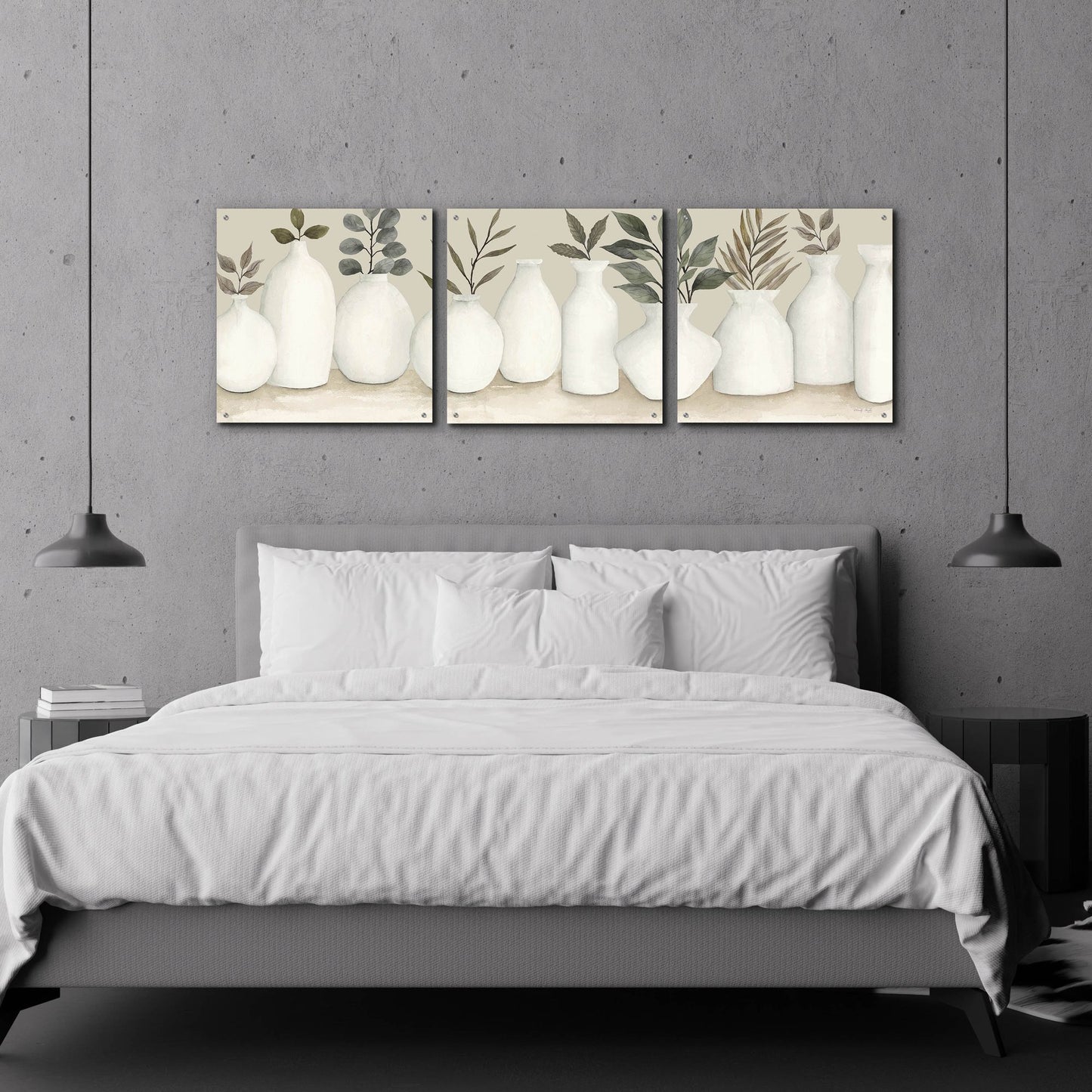 Epic Art 'Ivory Vases in a Row' by Cindy Jacobs, Acrylic Glass Wall Art, 3 Piece Set,72x24