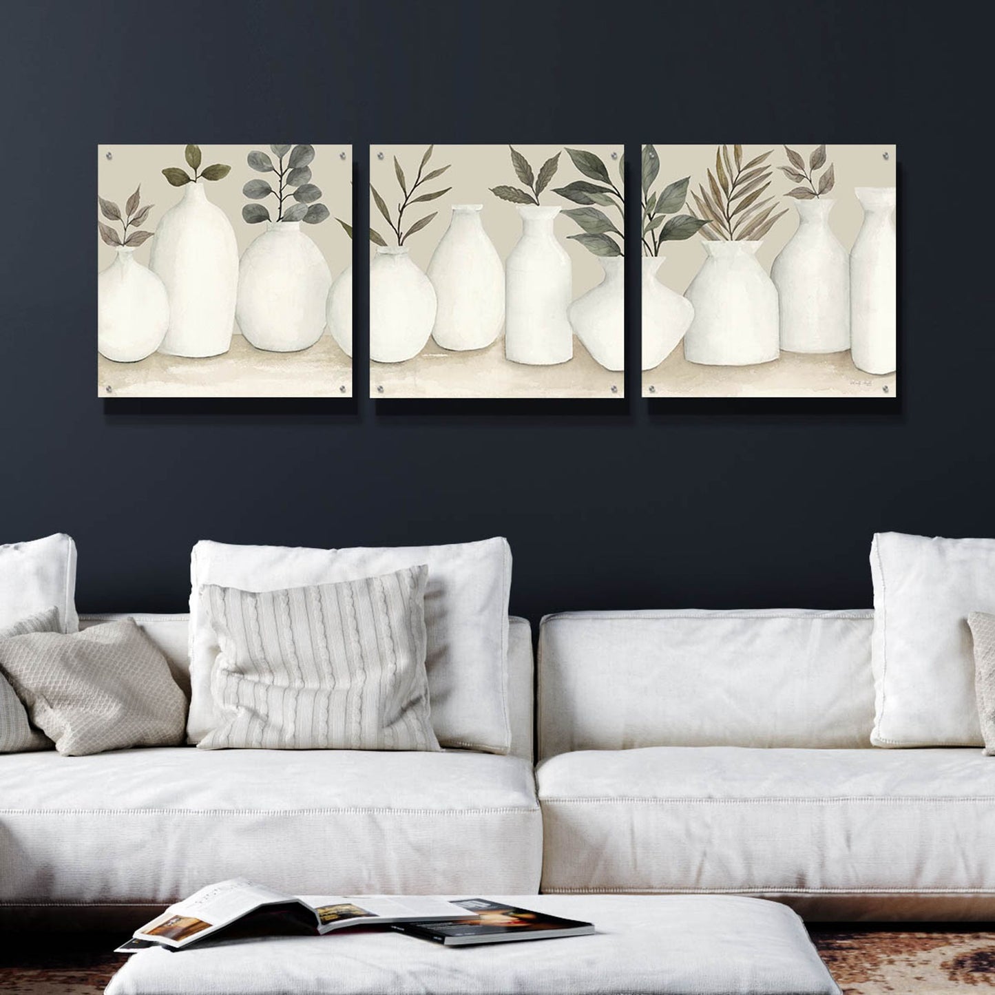 Epic Art 'Ivory Vases in a Row' by Cindy Jacobs, Acrylic Glass Wall Art, 3 Piece Set,72x24