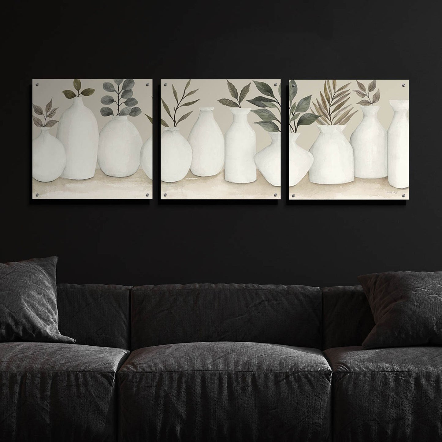 Epic Art 'Ivory Vases in a Row' by Cindy Jacobs, Acrylic Glass Wall Art, 3 Piece Set,72x24
