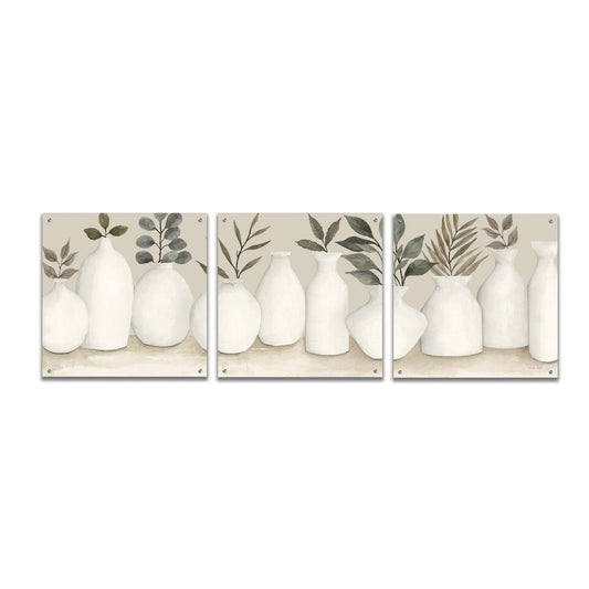 Epic Art 'Ivory Vases in a Row' by Cindy Jacobs, Acrylic Glass Wall Art, 3 Piece Set