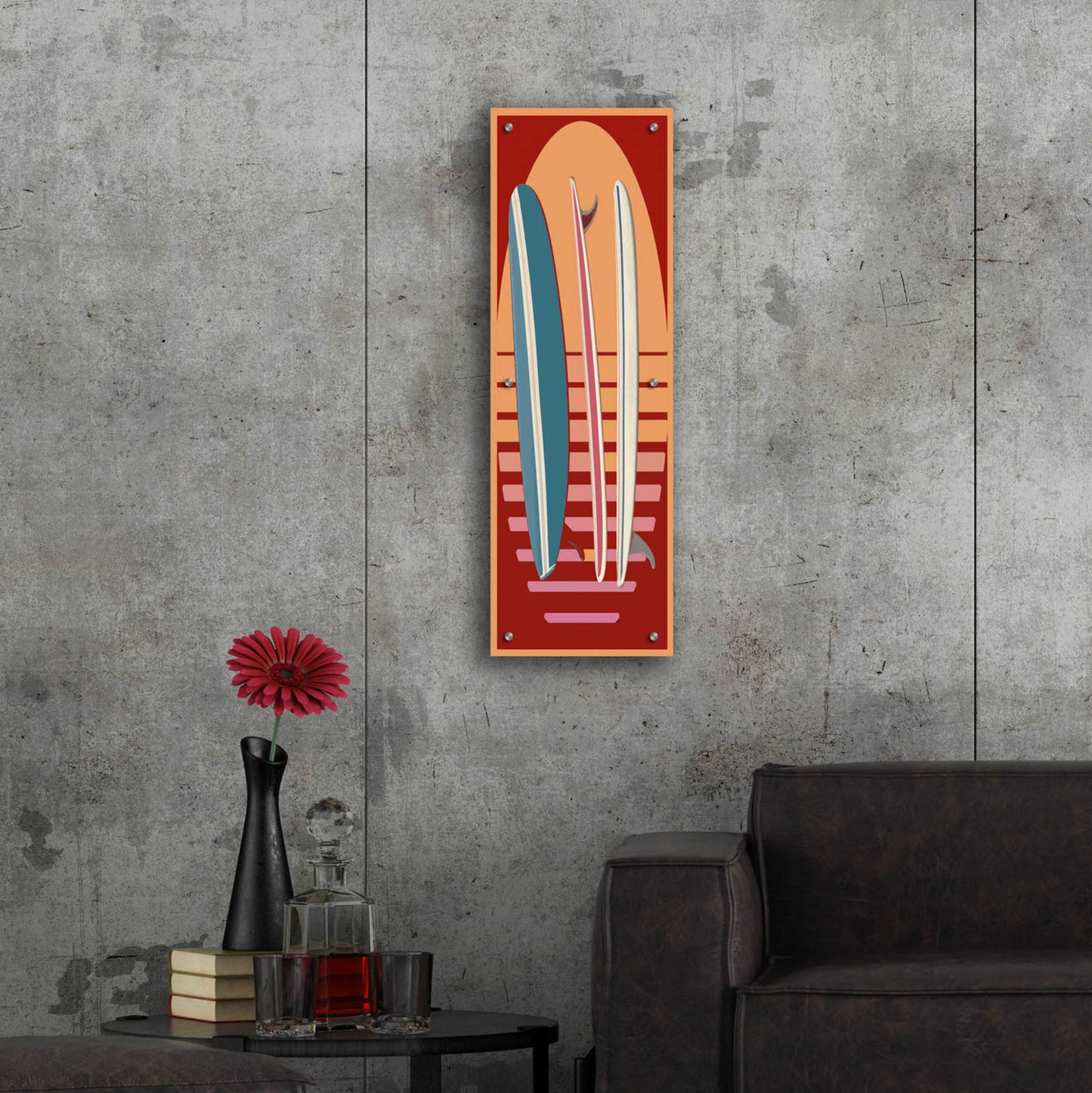 Epic Art 'Surfboard Sunset' by Edward M. Fielding, Acrylic Glass Wall Art,12x36