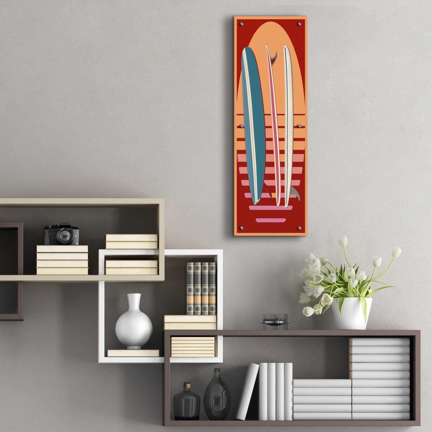 Epic Art 'Surfboard Sunset' by Edward M. Fielding, Acrylic Glass Wall Art,12x36