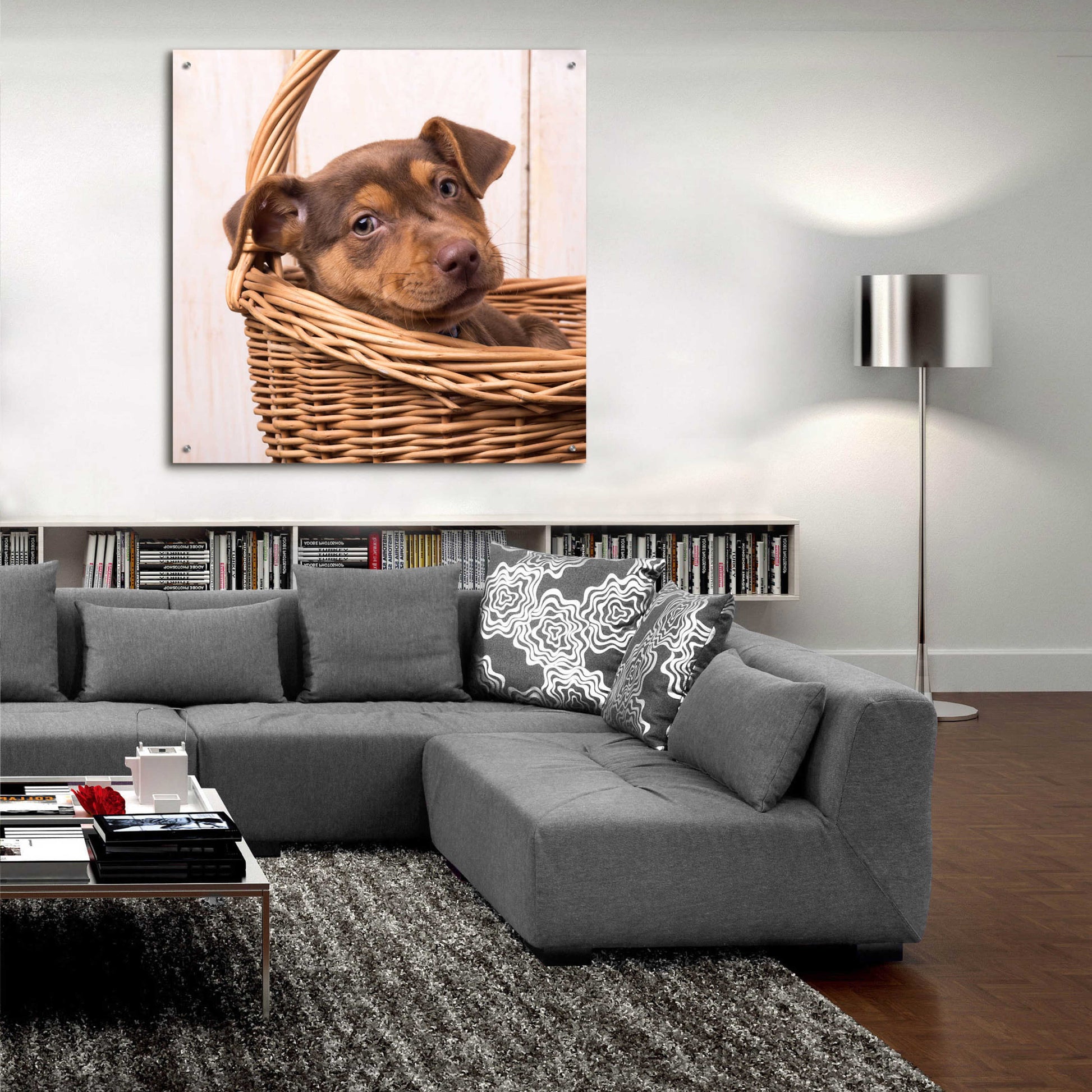 Epic Art 'Puppy in a Basket' by Edward M. Fielding, Acrylic Glass Wall Art,36x36