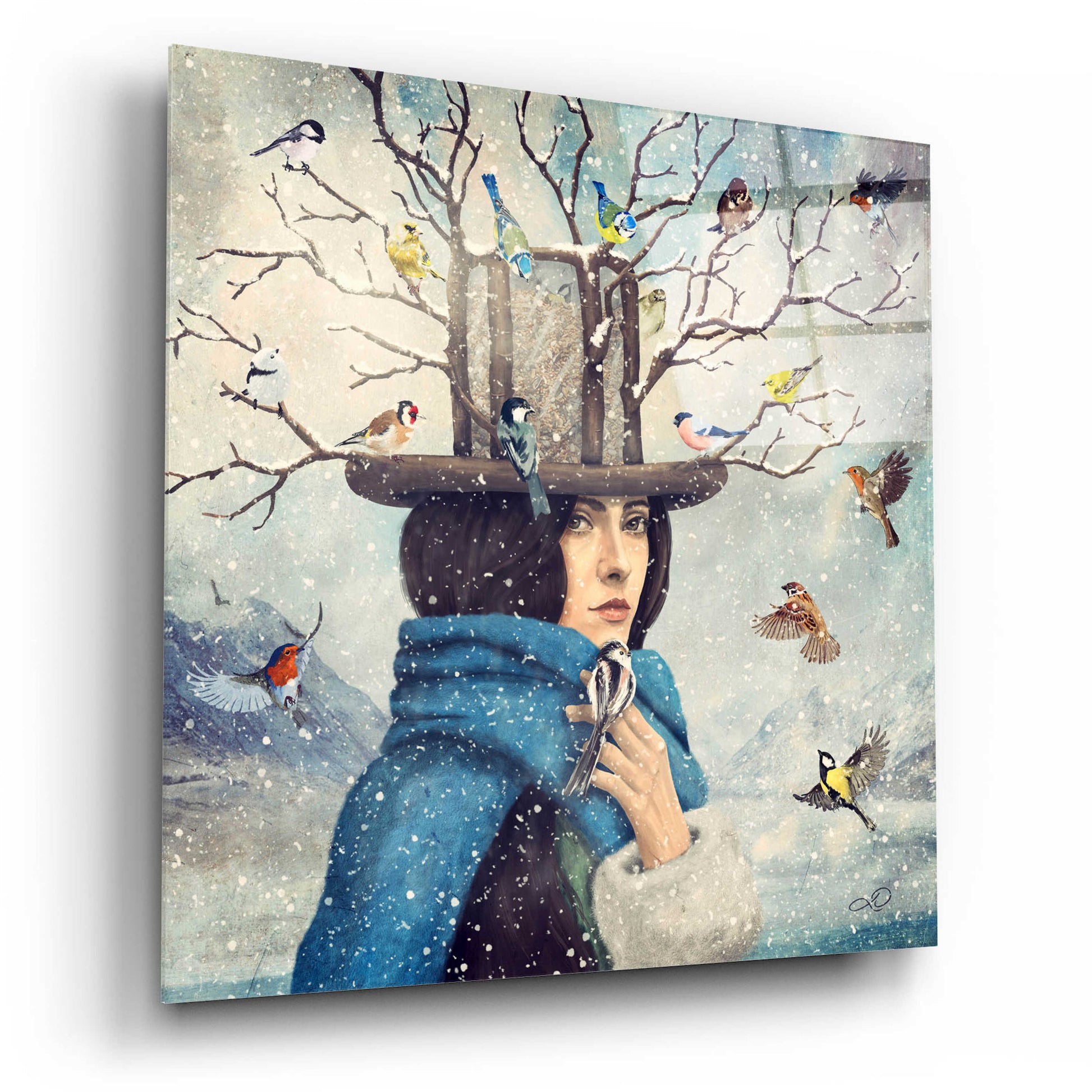 Epic Art 'The Lady With The Bird Feeder Hat' by Paula Belle Flores, Acrylic Glass Wall Art,12x12