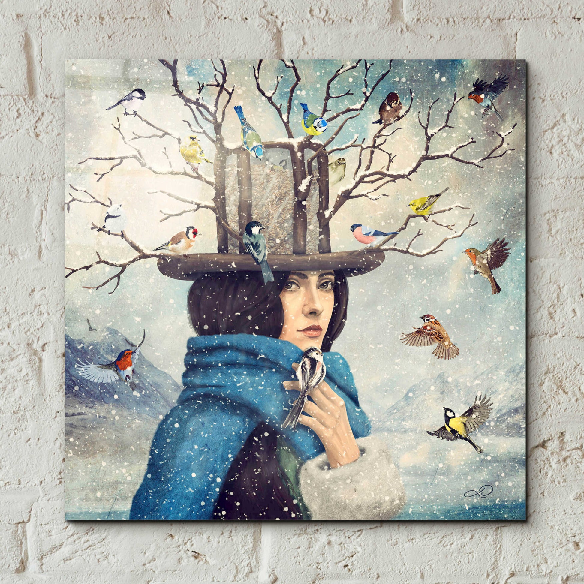 Epic Art 'The Lady With The Bird Feeder Hat' by Paula Belle Flores, Acrylic Glass Wall Art,12x12