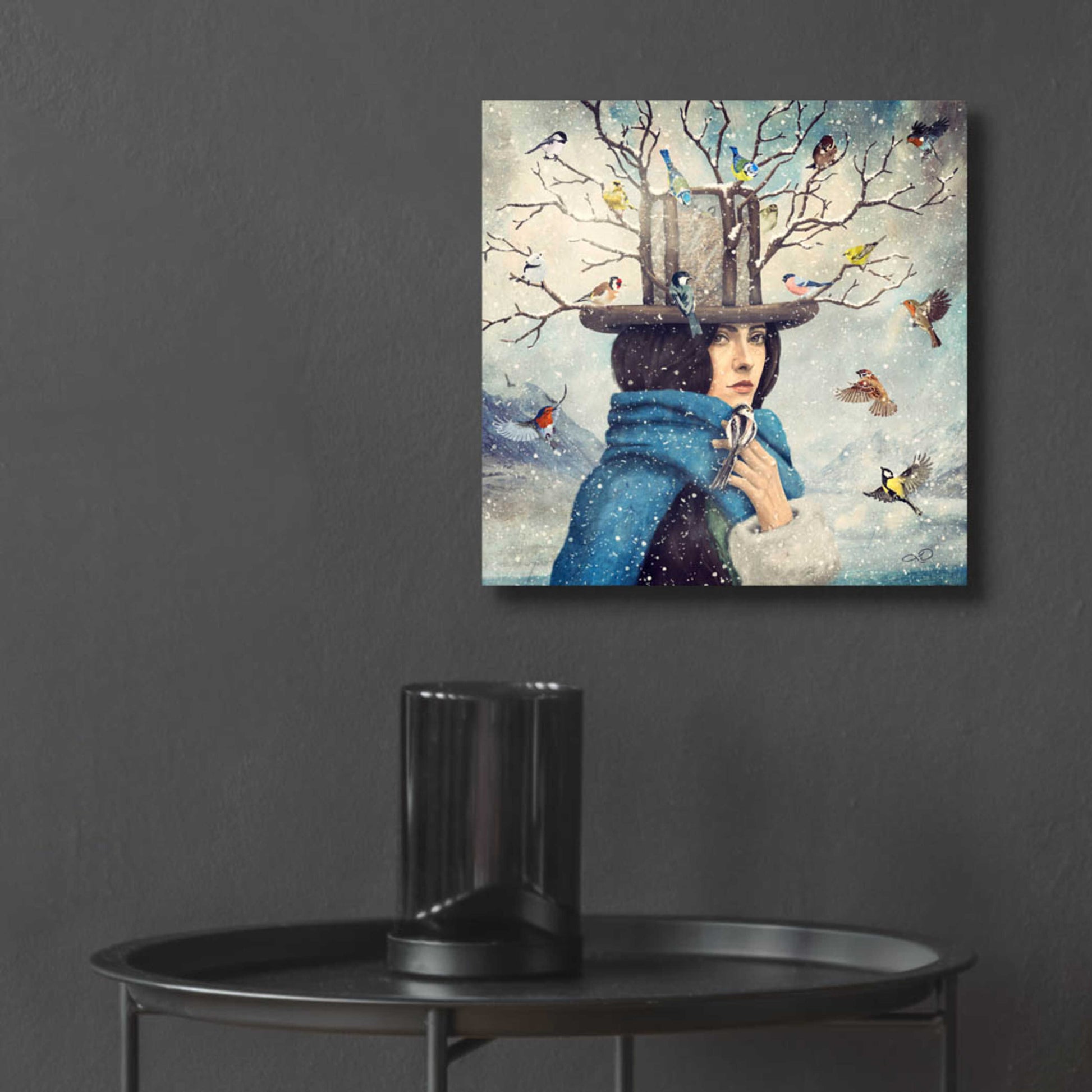 Epic Art 'The Lady With The Bird Feeder Hat' by Paula Belle Flores, Acrylic Glass Wall Art,12x12