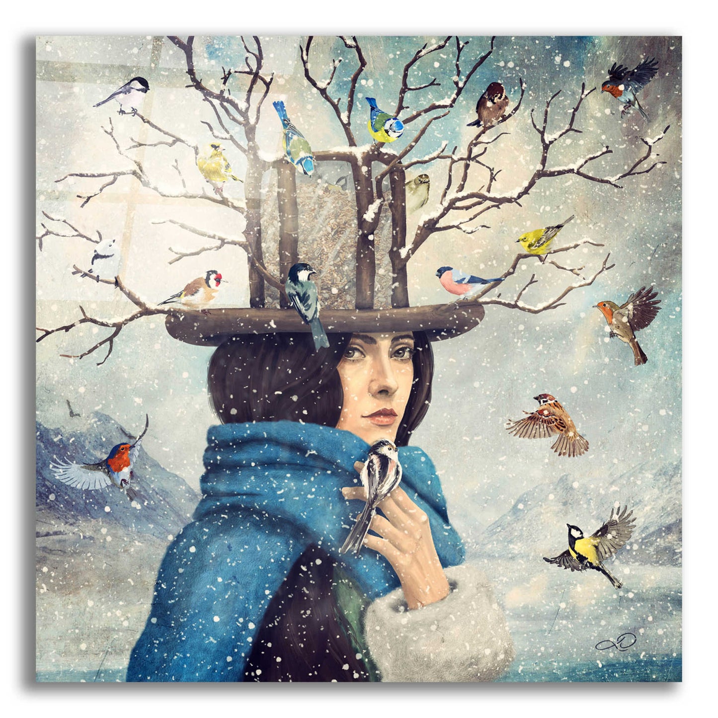 Epic Art 'The Lady With The Bird Feeder Hat' by Paula Belle Flores, Acrylic Glass Wall Art,12x12