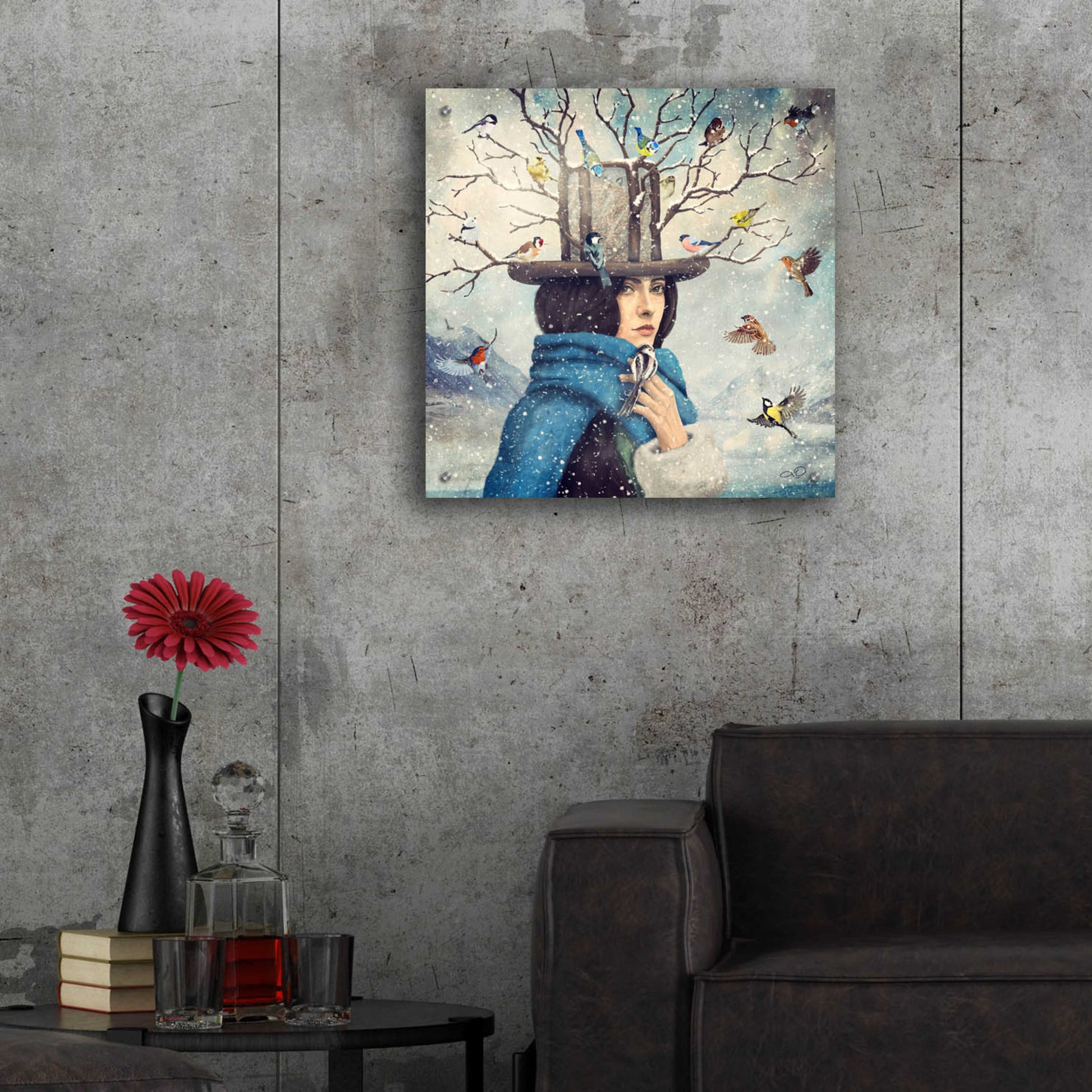 Epic Art 'The Lady With The Bird Feeder Hat' by Paula Belle Flores, Acrylic Glass Wall Art,24x24