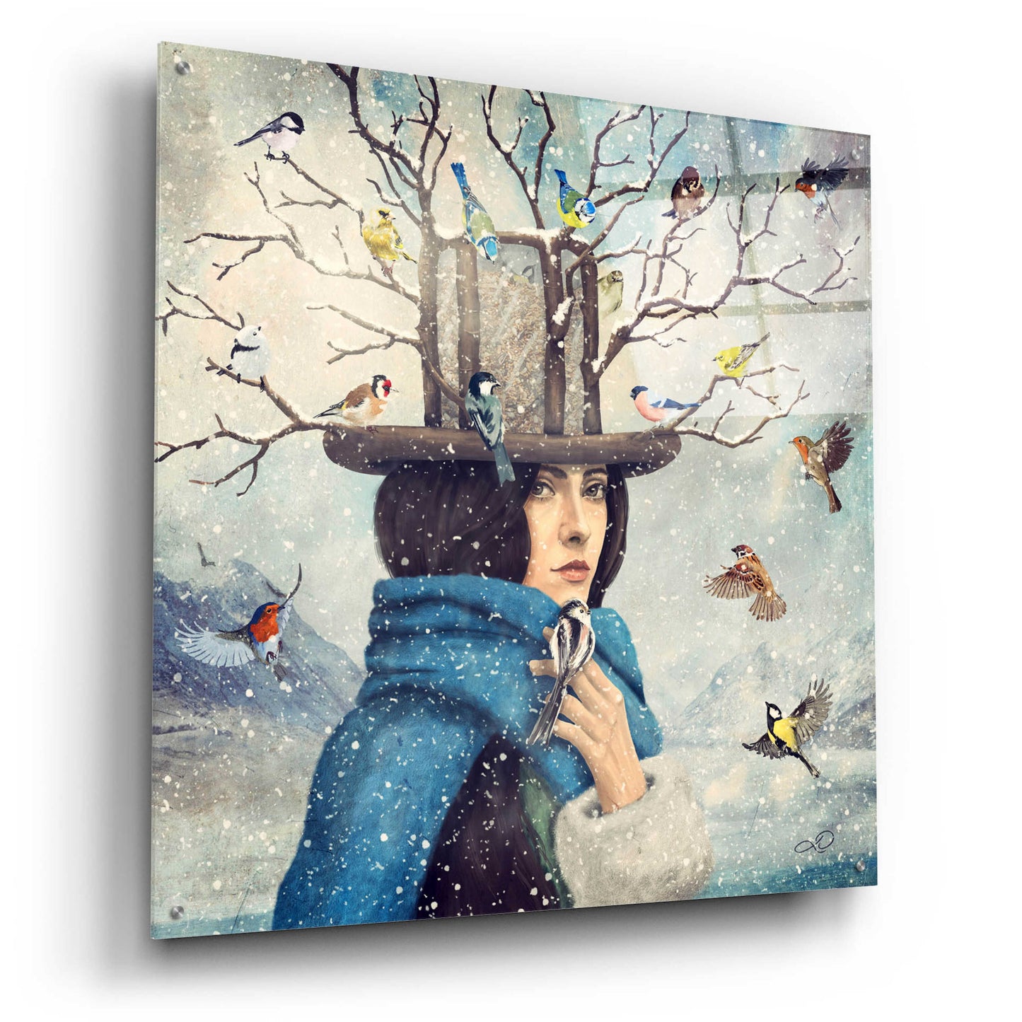 Epic Art 'The Lady With The Bird Feeder Hat' by Paula Belle Flores, Acrylic Glass Wall Art,36x36