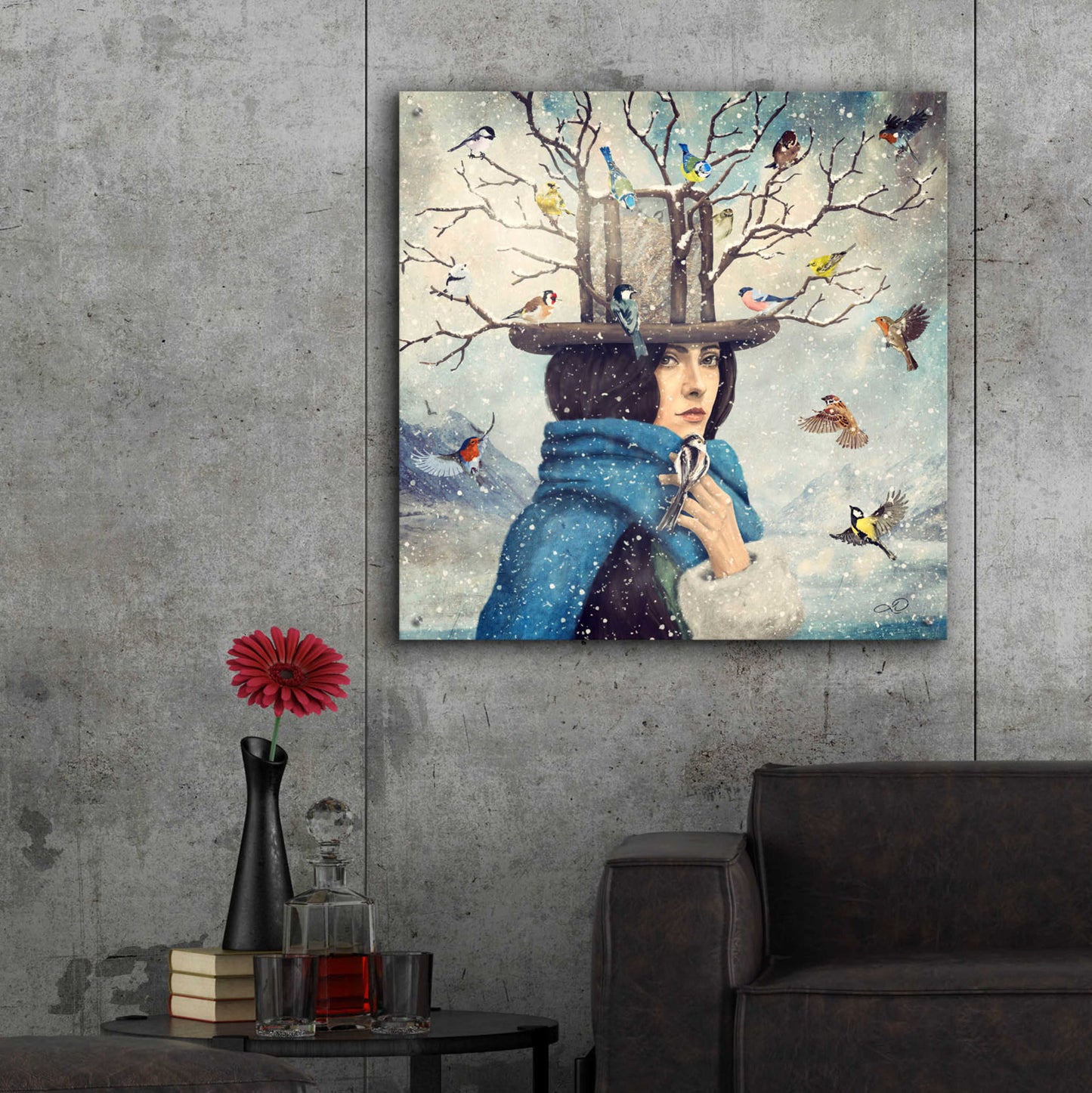 Epic Art 'The Lady With The Bird Feeder Hat' by Paula Belle Flores, Acrylic Glass Wall Art,36x36