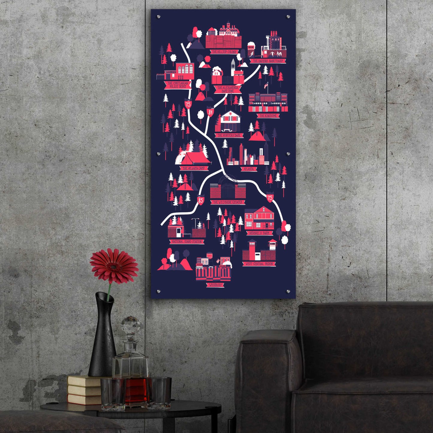 Epic Art 'The Walking Dead Map' by Robert Farkas, Acrylic Glass Wall Art,24x48