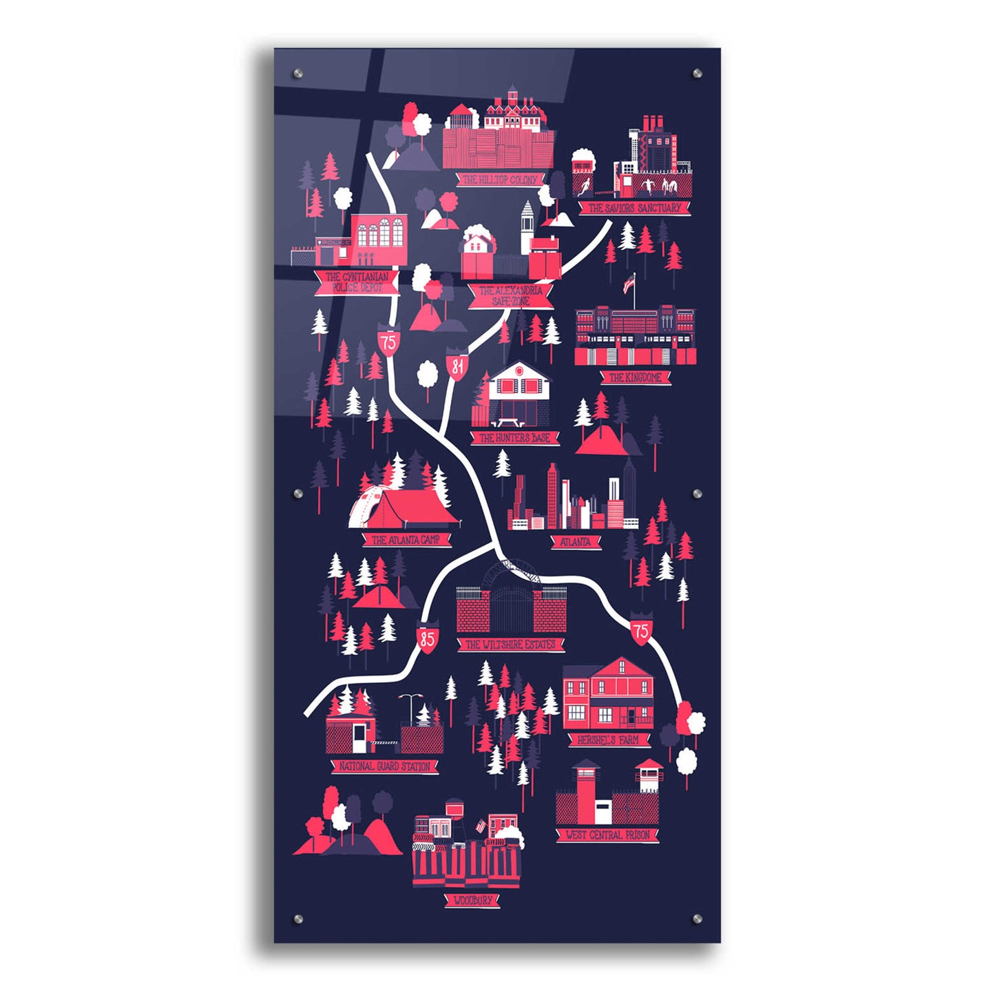 Epic Art 'The Walking Dead Map' by Robert Farkas, Acrylic Glass Wall Art,24x48