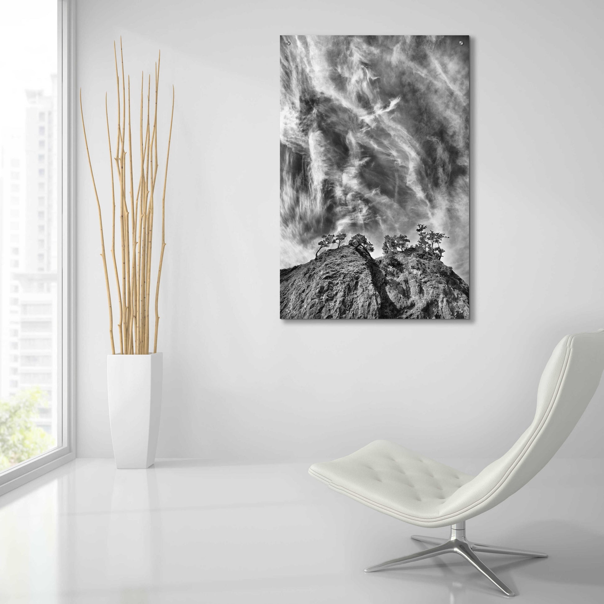 Epic Art 'Tree Island Clouds B&W Pushed' by Thomas Haney, Acrylic Glass Wall Art,24x36