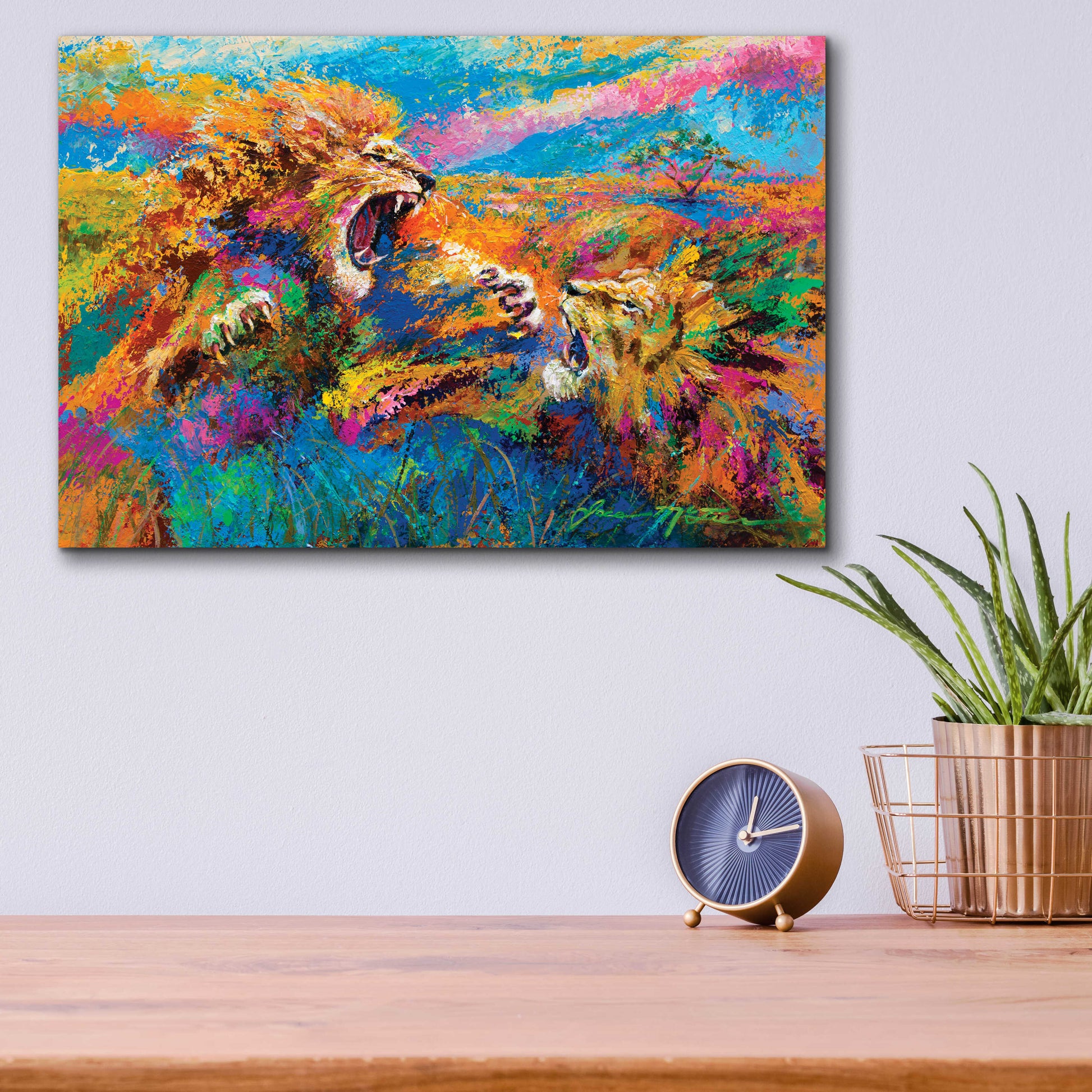 Epic Art 'Pride Fight in the Savanna African Lions' by Jace D McTier, Acrylic Glass Wall Art,16x12