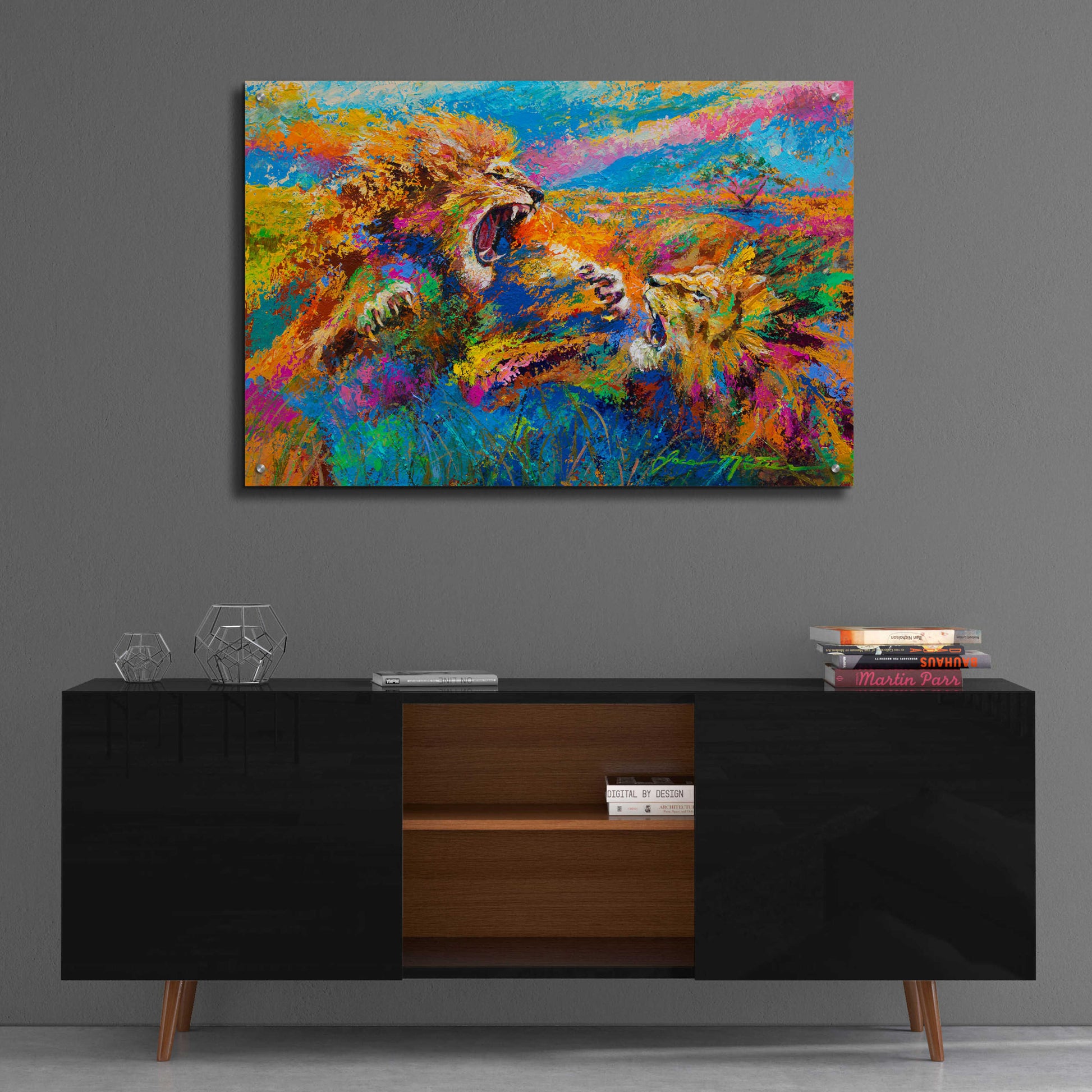 Epic Art 'Pride Fight in the Savanna African Lions' by Jace D McTier, Acrylic Glass Wall Art,36x24