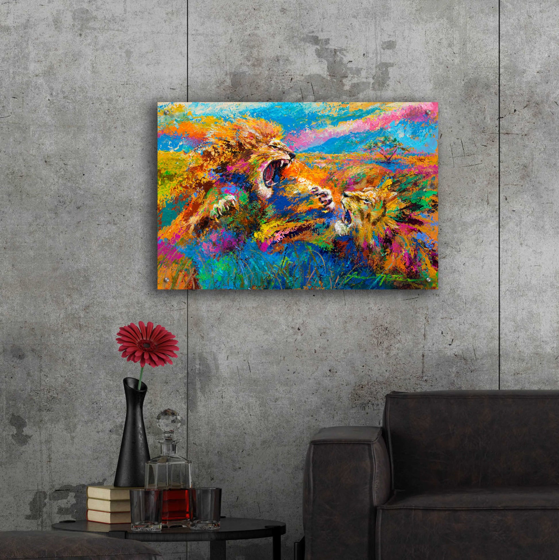 Epic Art 'Pride Fight in the Savanna African Lions' by Jace D McTier, Acrylic Glass Wall Art,36x24