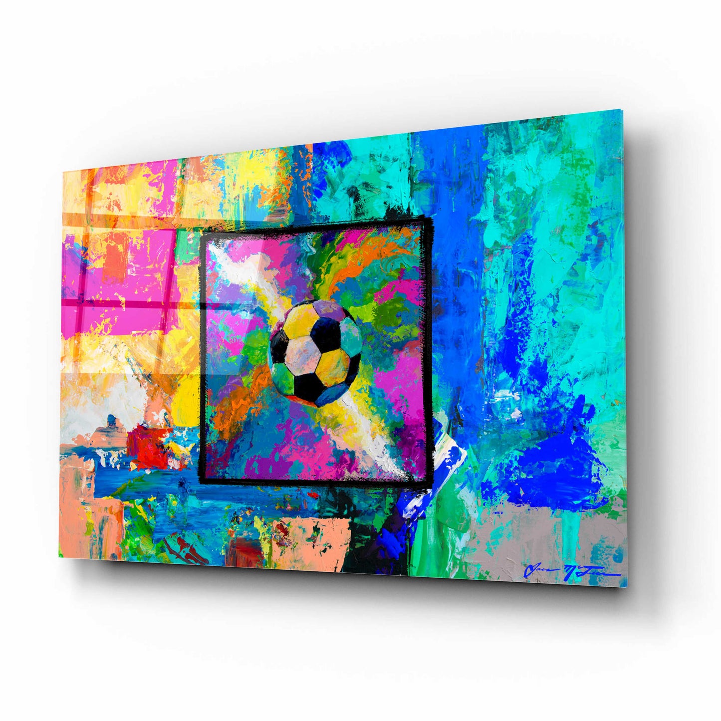 Epic Art 'Window into the Soccer Universe Pink and Cyan' by Jace D McTier, Acrylic Glass Wall Art,16x12