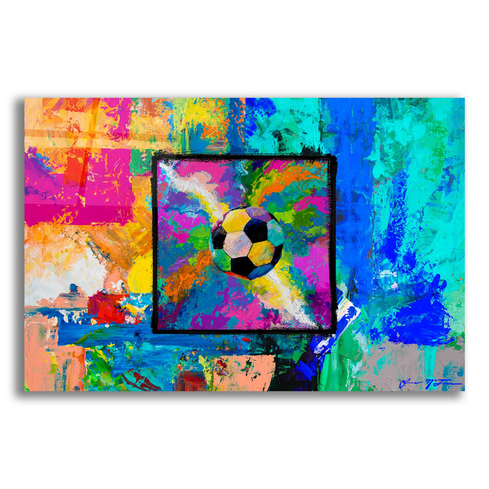 Epic Art 'Window into the Soccer Universe Pink and Cyan' by Jace D McTier, Acrylic Glass Wall Art,16x12