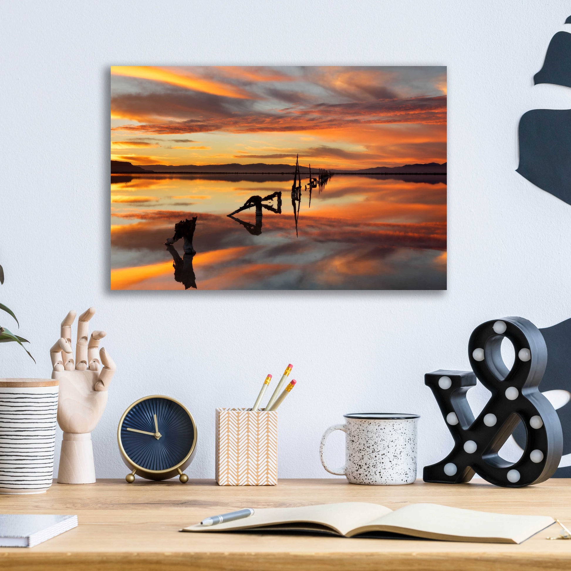 Epic Art 'Great Salt Lake Pilings Sunset' by Mike Jones, Acrylic Glass Wall Art,16x12